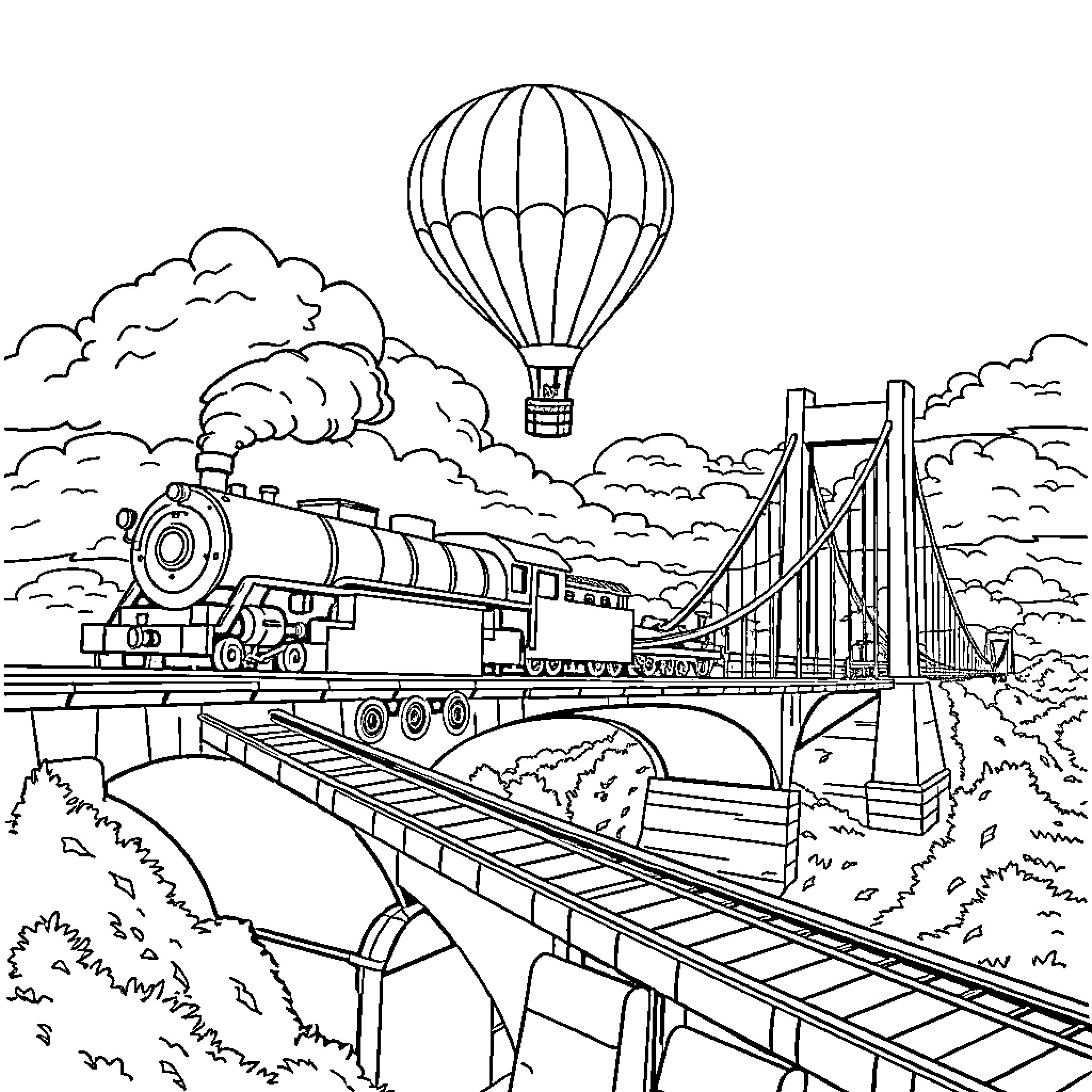 Train Journey Through Scenic Landscape with Balloon Coloring Page (free black-and-white line drawing printable PDF for all, from beginners to advanced learners, including children, teens, adults, and seniors)