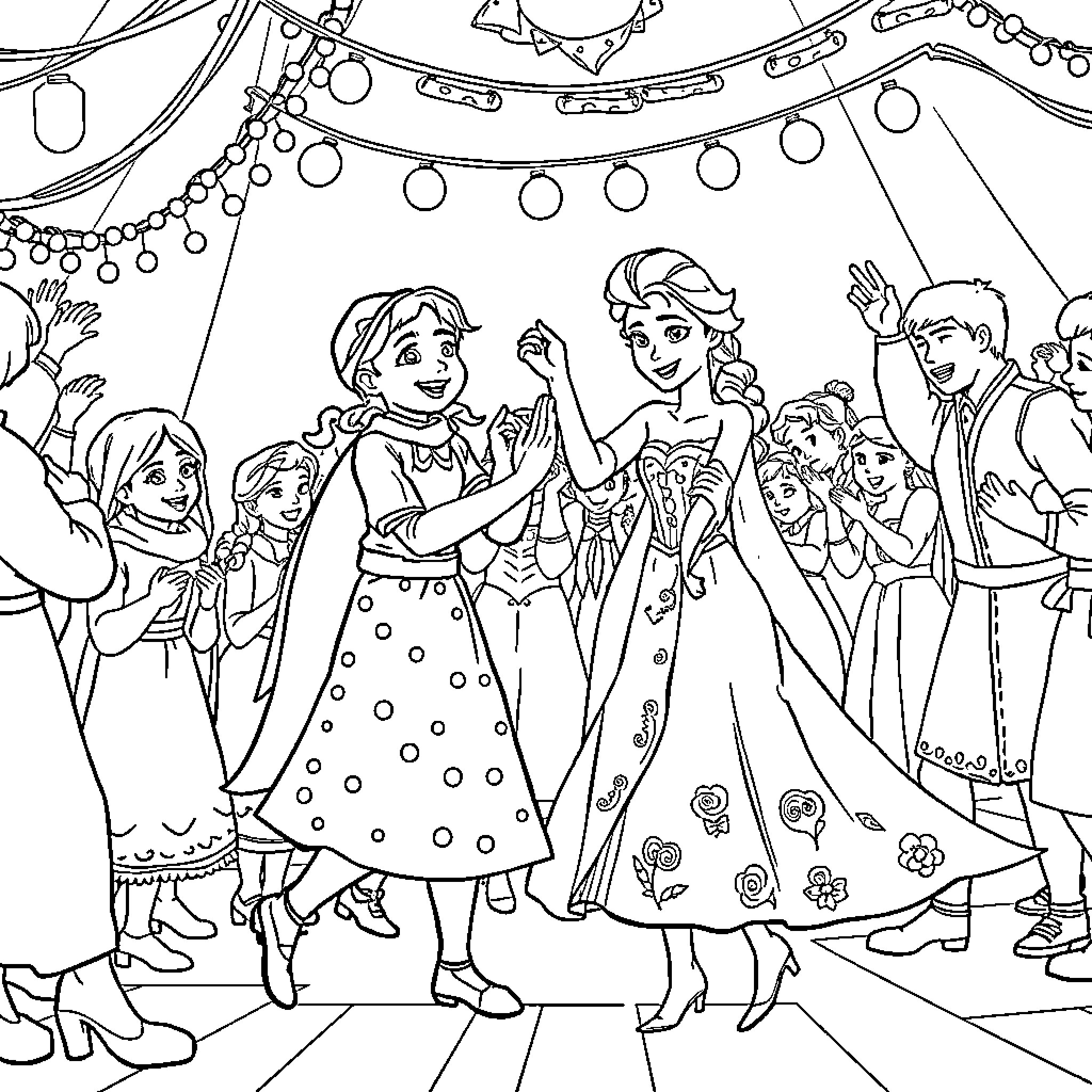 Pippi Longstocking and friends celebrating a festive party Coloring Page (free black-and-white line drawing printable PDF for all, from beginners to advanced learners, including children, teens, adults, and seniors)