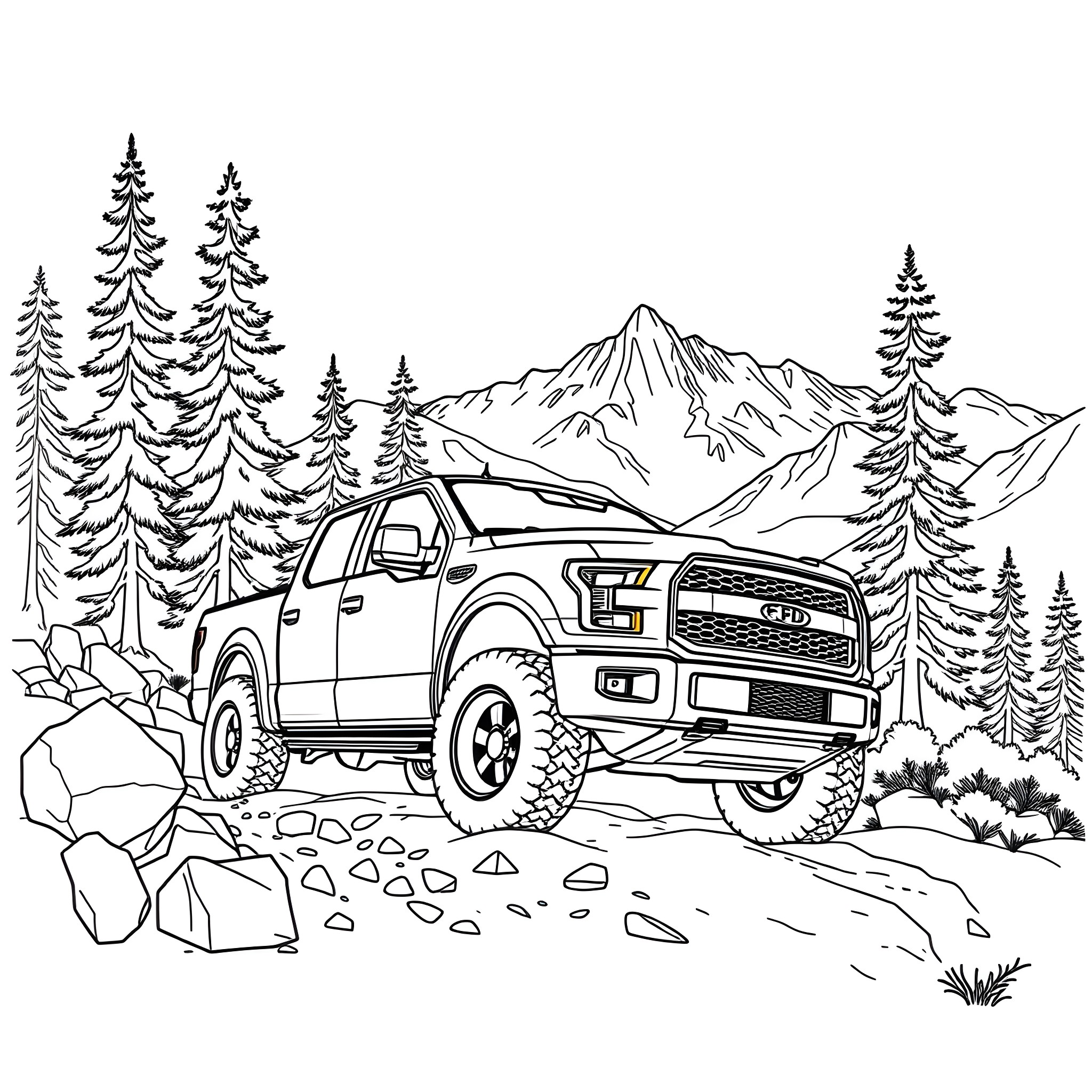 F-150 Truck Navigating Through Rugged Terrain Coloring Page (free black-and-white line drawing printable PDF for all, from beginners to advanced learners, including children, teens, adults, and seniors)