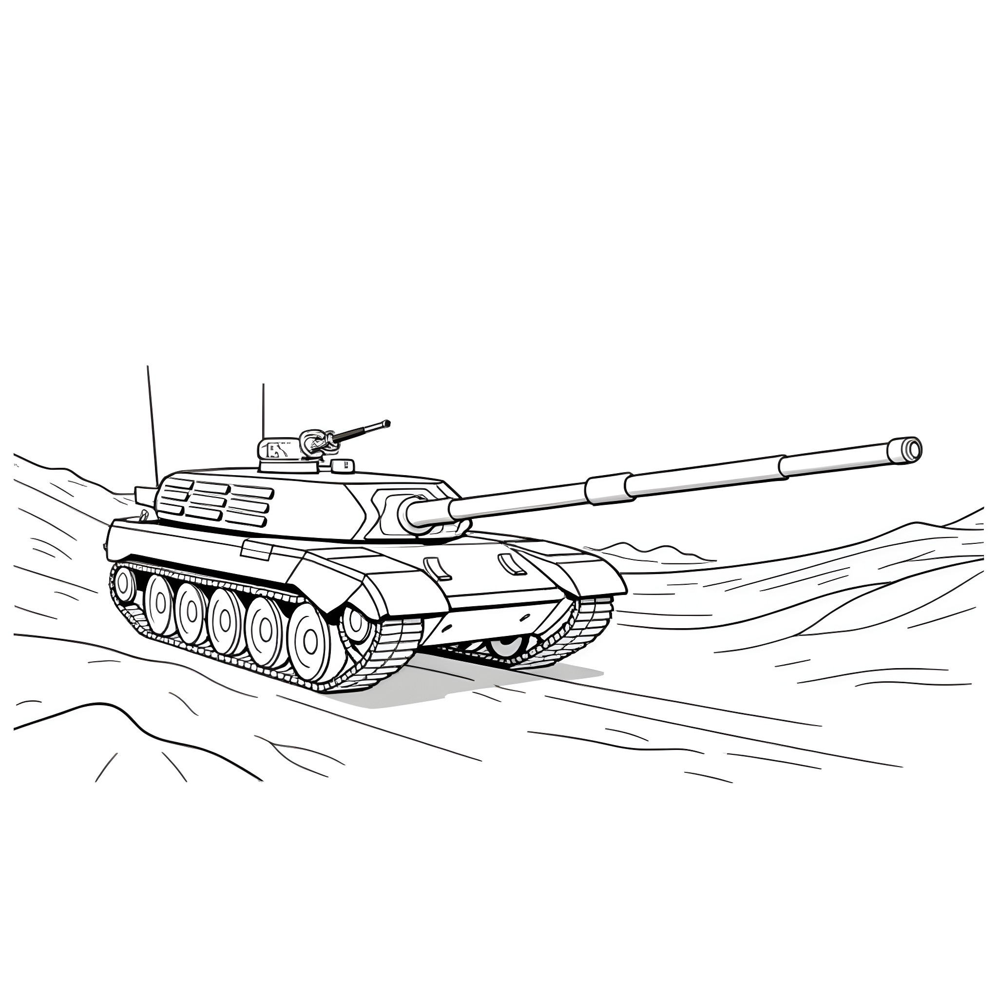 Tank traversing rugged terrain in combat Coloring Page (free black-and-white line drawing printable PDF for all, from beginners to advanced learners, including children, teens, adults, and seniors)