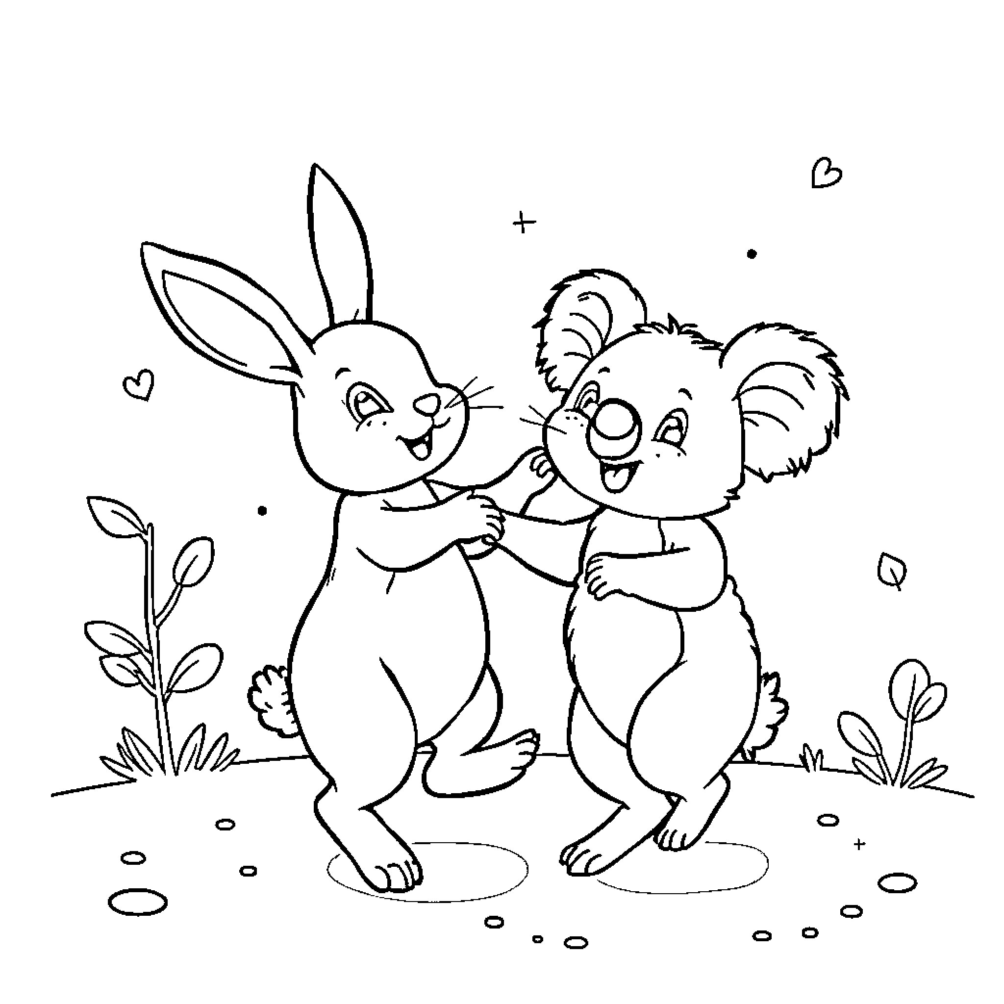 Rabbit friends enjoying a playful embrace Coloring Page (free black-and-white line drawing printable PDF for all, from beginners to advanced learners, including children, teens, adults, and seniors)