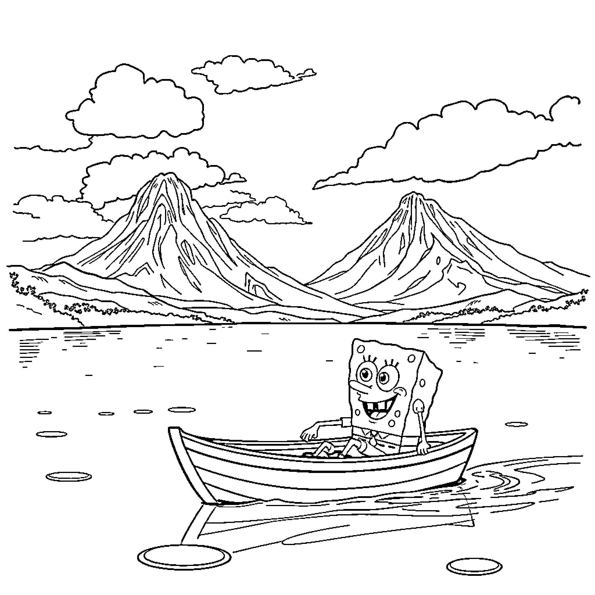 Spongebob sailing happily in a boat near mountains Coloring Page (free black-and-white line drawing printable PDF for all, from beginners to advanced learners, including children, teens, adults, and seniors)