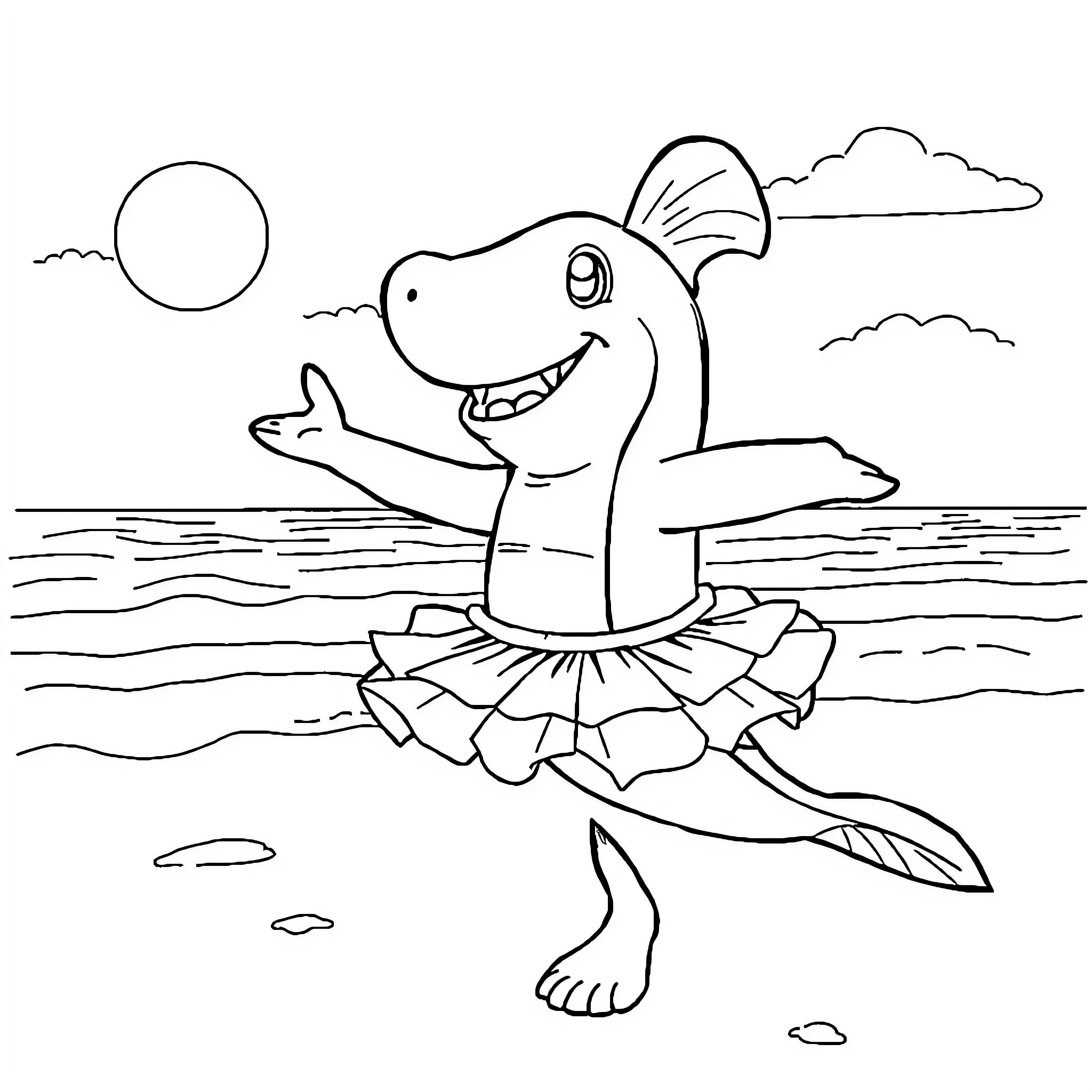Patricio the Ballerina Shark in the Ocean Coloring Page (free black-and-white line drawing printable PDF for all, from beginners to advanced learners, including children, teens, adults, and seniors)