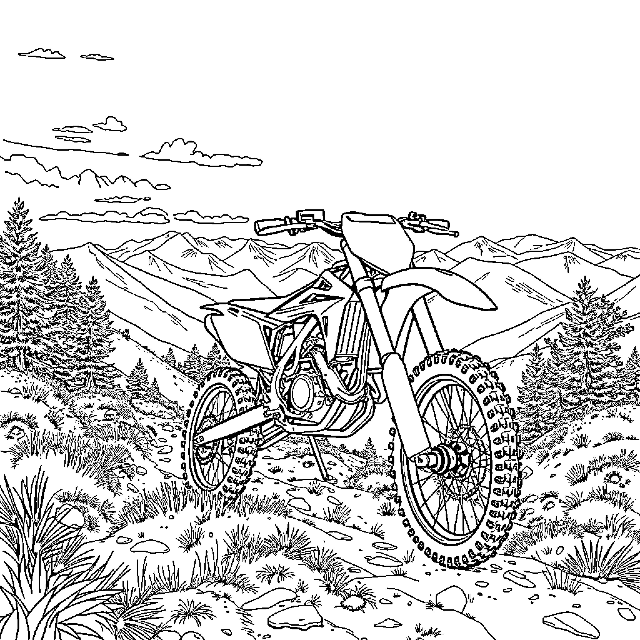 Yamaha Yz450 Dirt Bike Racing on Mountainous Trail Coloring Page (free black-and-white line drawing printable PDF for all, from beginners to advanced learners, including children, teens, adults, and seniors)