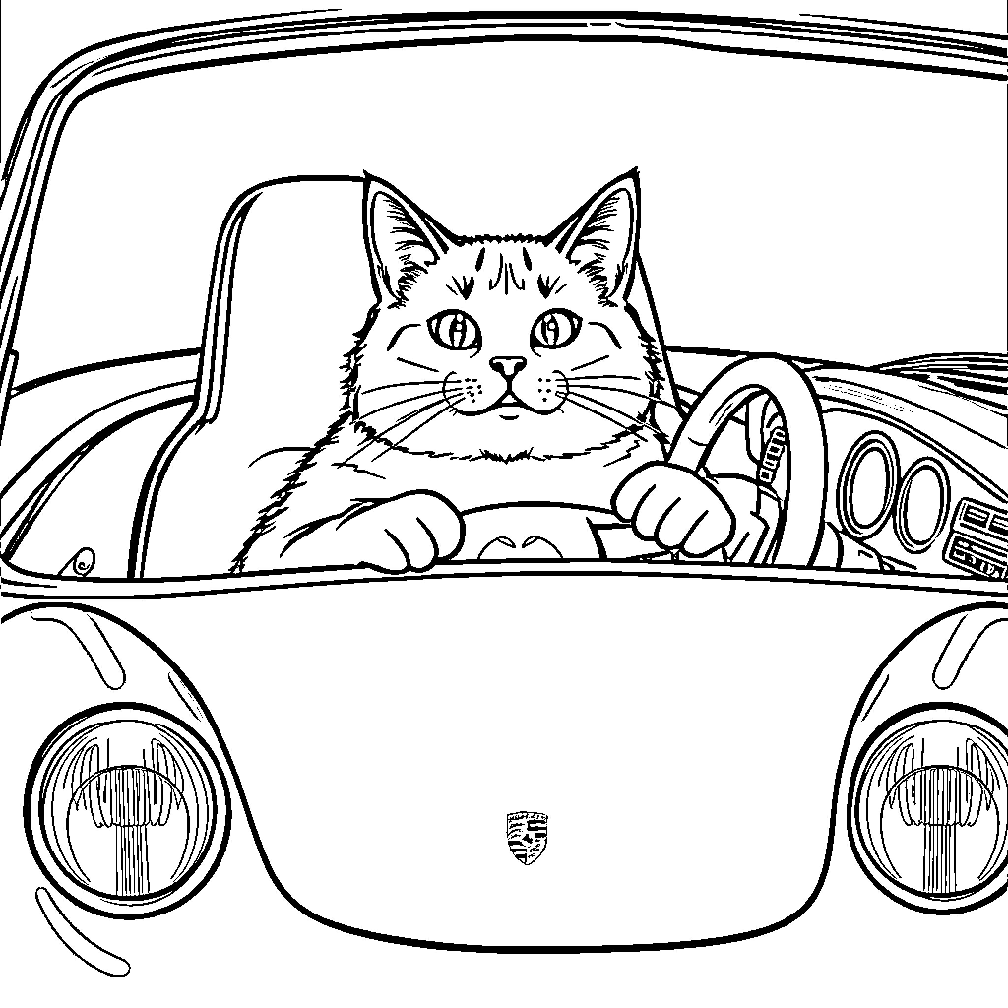Cat driving a car Coloring Page (free black-and-white line drawing printable PDF for all, from beginners to advanced learners, including children, teens, adults, and seniors)