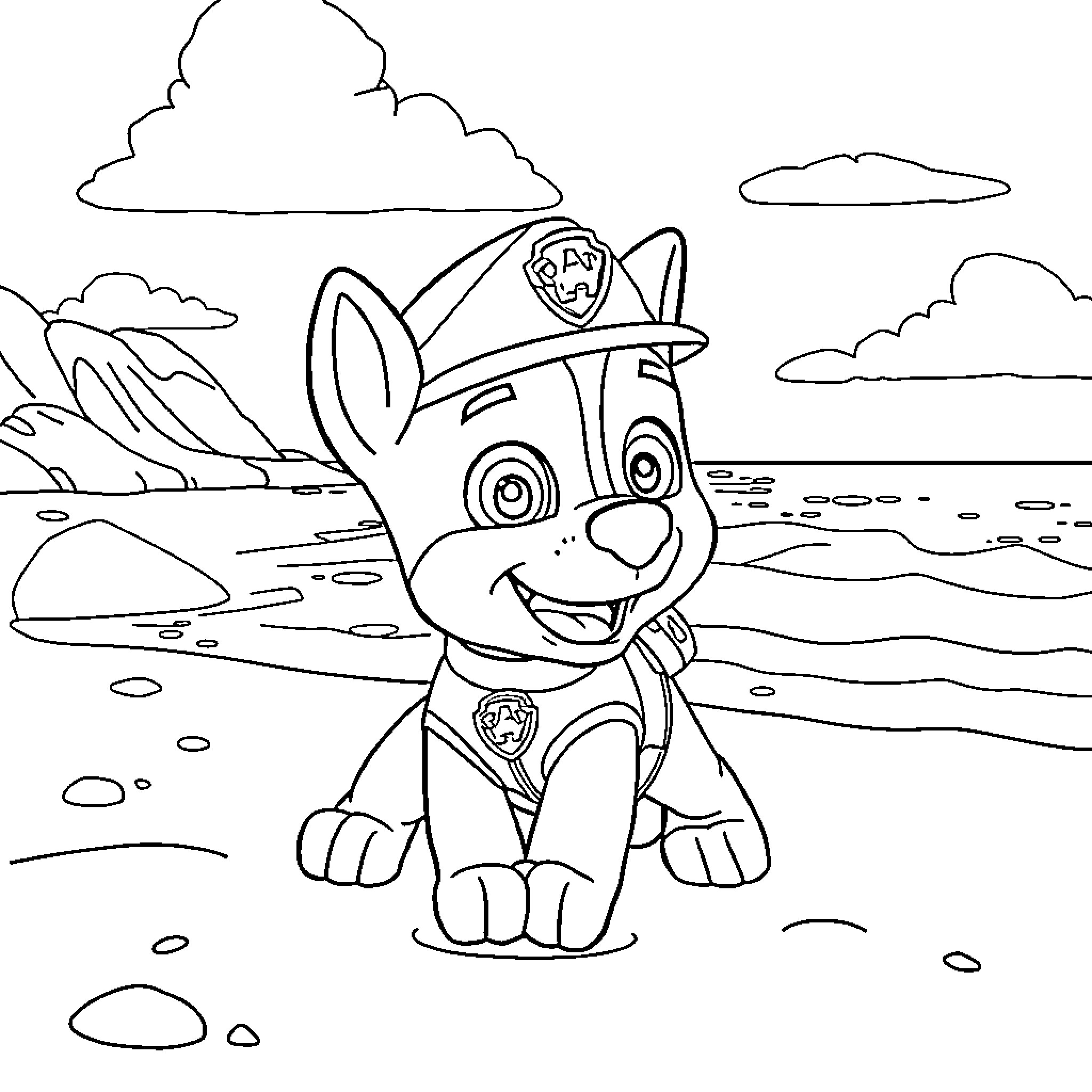 Chase the Pup's Beachside Adventure Coloring Page (free black-and-white line drawing printable PDF for all, from beginners to advanced learners, including children, teens, adults, and seniors)