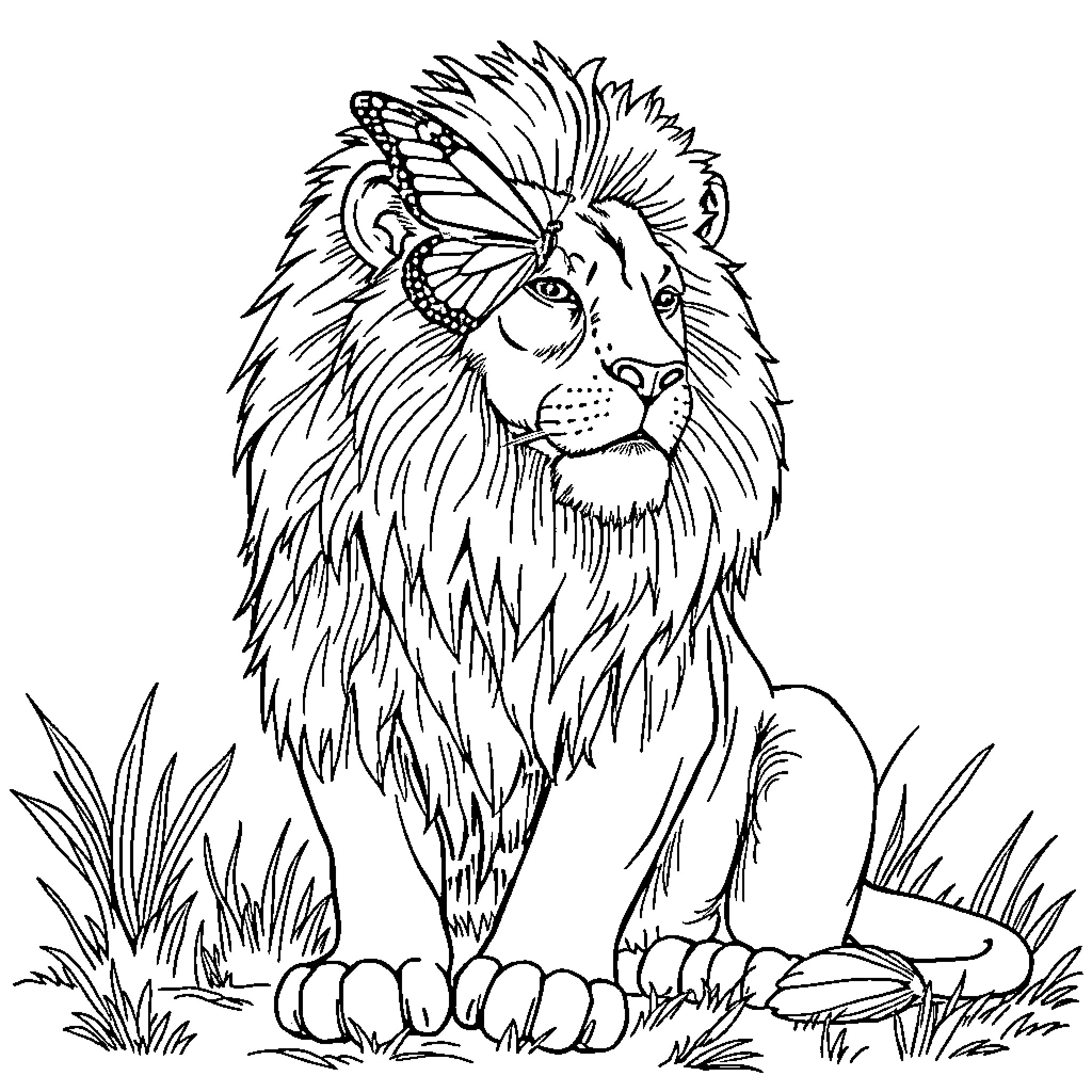 Lion relaxing in the wilderness Coloring Page (free black-and-white line drawing printable PDF for all, from beginners to advanced learners, including children, teens, adults, and seniors)