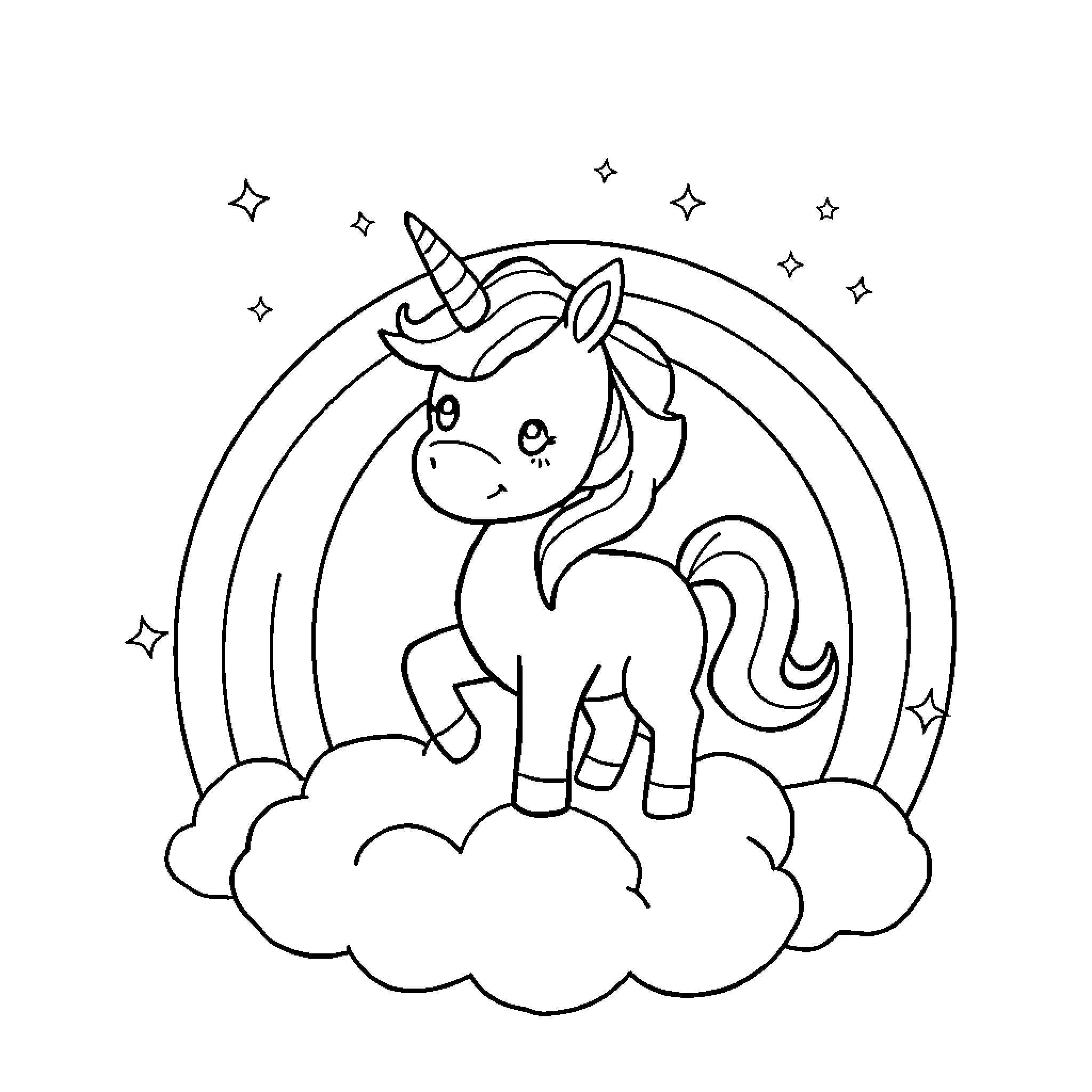 Unicorn sitting on clouds with rainbow and stars Coloring Page (free black-and-white line drawing printable PDF for all, from beginners to advanced learners, including children, teens, adults, and seniors)