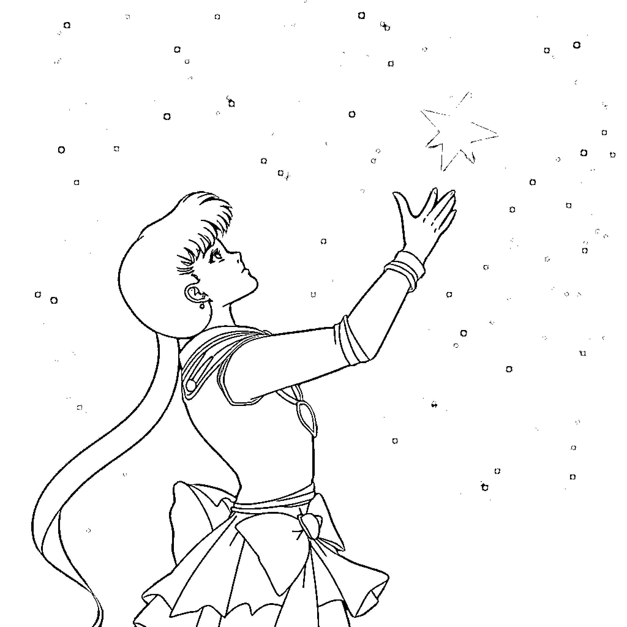 Sailor Moon reaching for a magical star in the sky Coloring Page (free black-and-white line drawing printable PDF for all, from beginners to advanced learners, including children, teens, adults, and seniors)