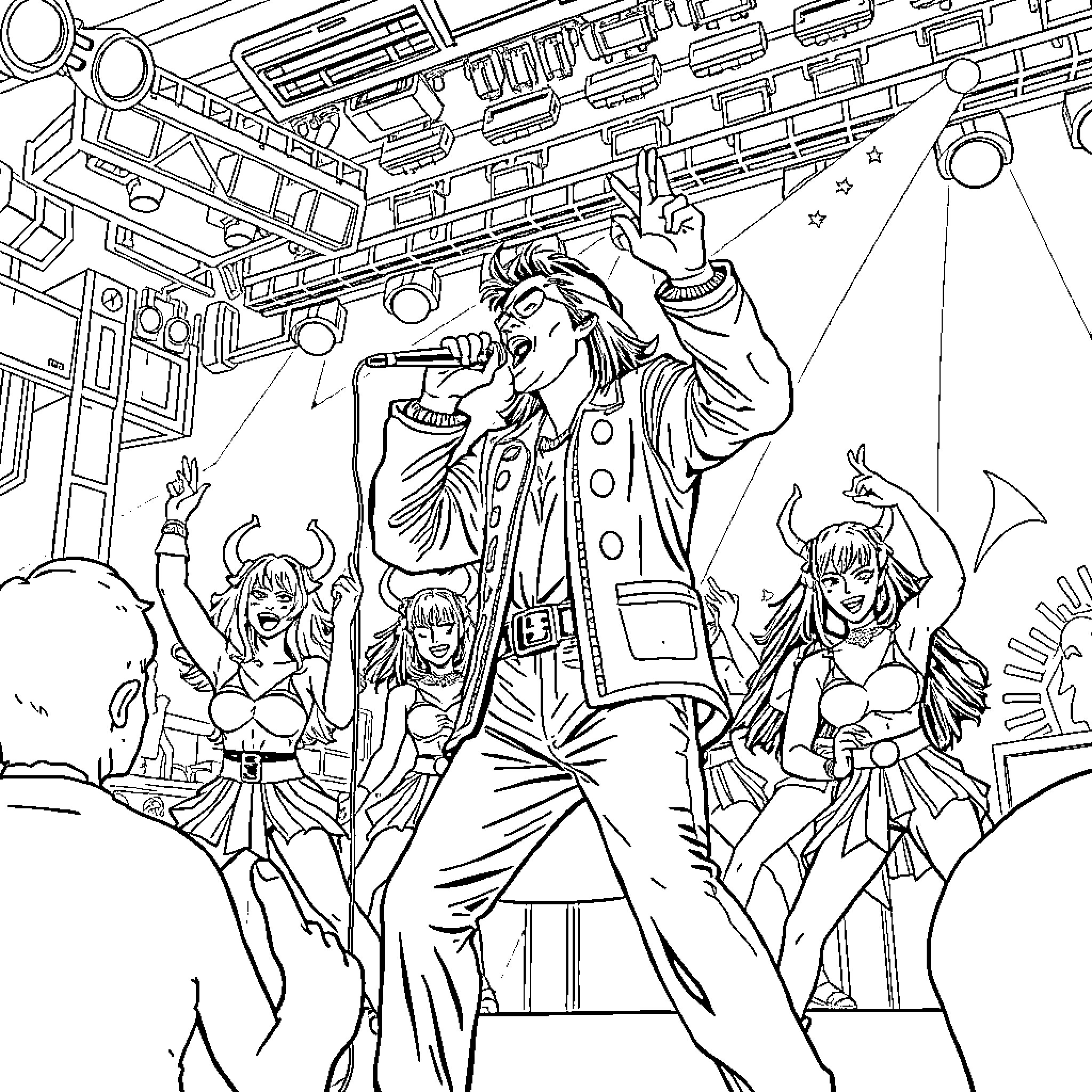 Rumi's Vibrant Concert Performance Coloring Page (free black-and-white line drawing printable PDF for all, from beginners to advanced learners, including children, teens, adults, and seniors)