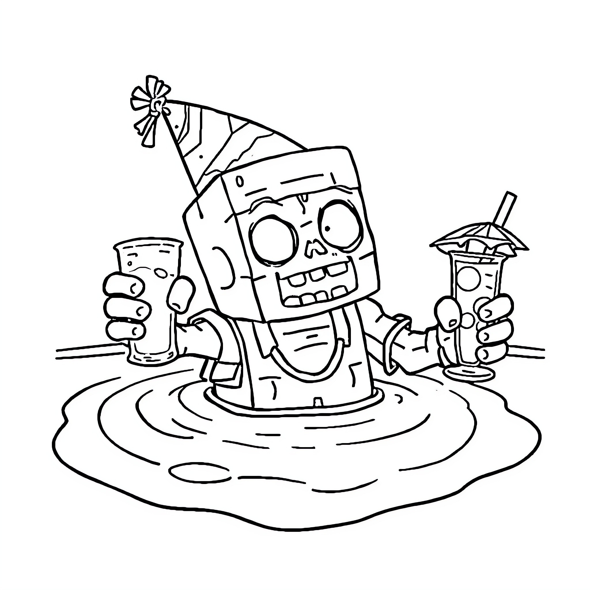 Zombie Robot Celebrating at a Party Coloring Page (free black-and-white line drawing printable PDF for all, from beginners to advanced learners, including children, teens, adults, and seniors)