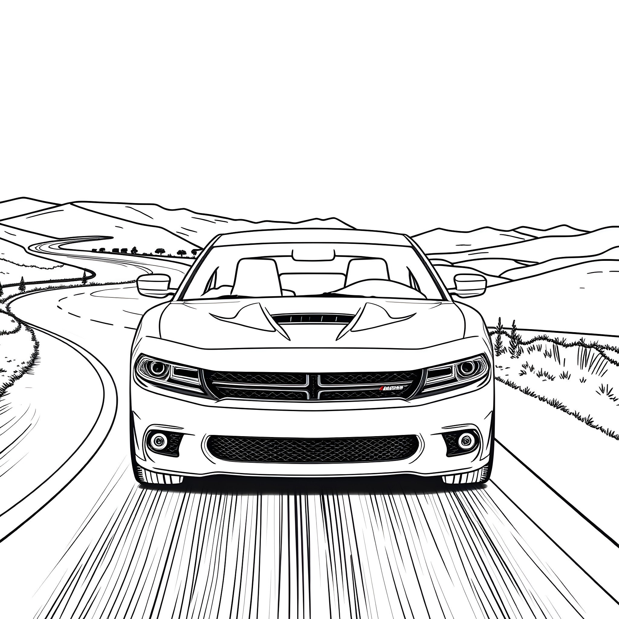 Dodge Charger speeding through the winding countryside Coloring Page (free black-and-white line drawing printable PDF for all, from beginners to advanced learners, including children, teens, adults, and seniors)