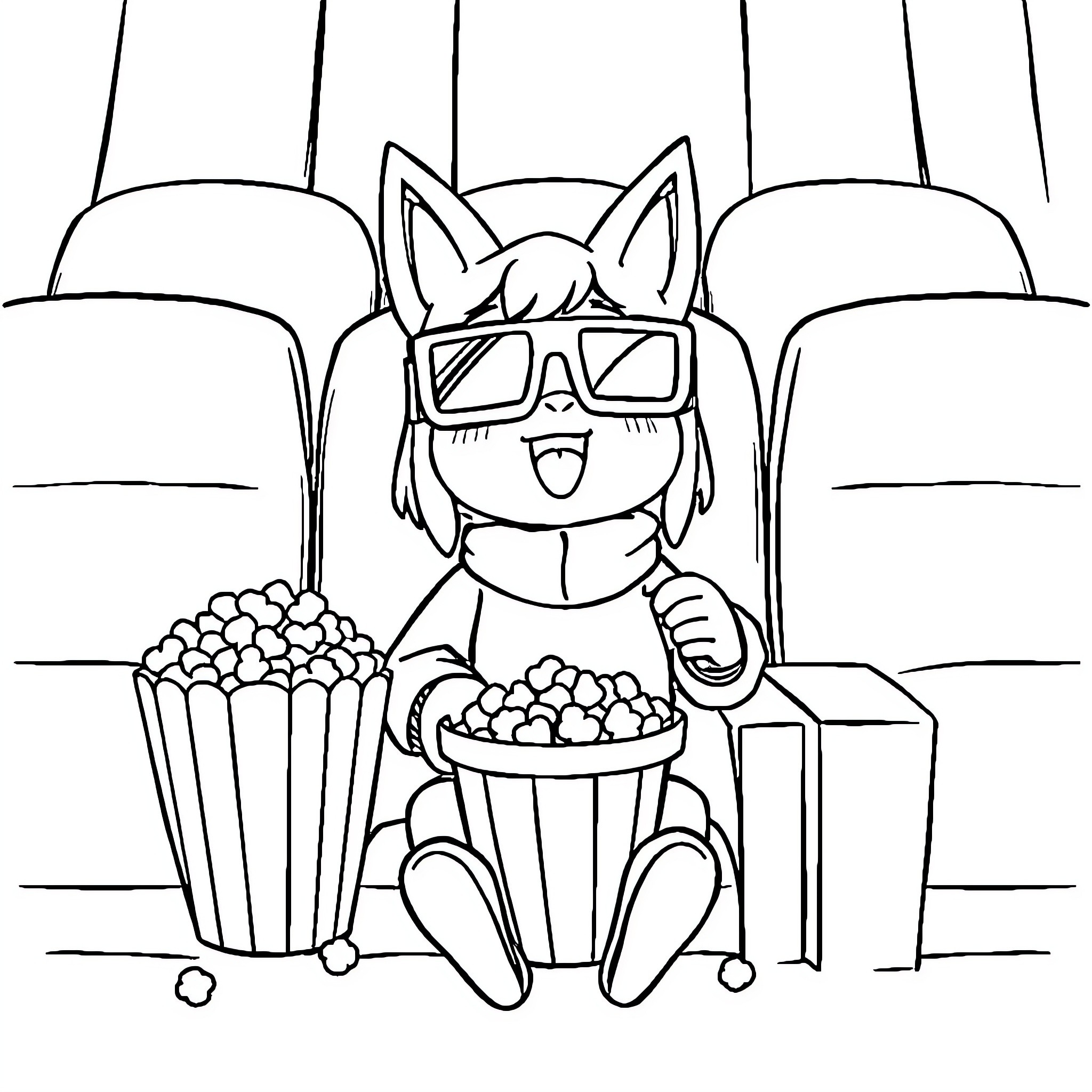 Kuromi enjoying movie snacks at the theater Coloring Page (free black-and-white line drawing printable PDF for all, from beginners to advanced learners, including children, teens, adults, and seniors)