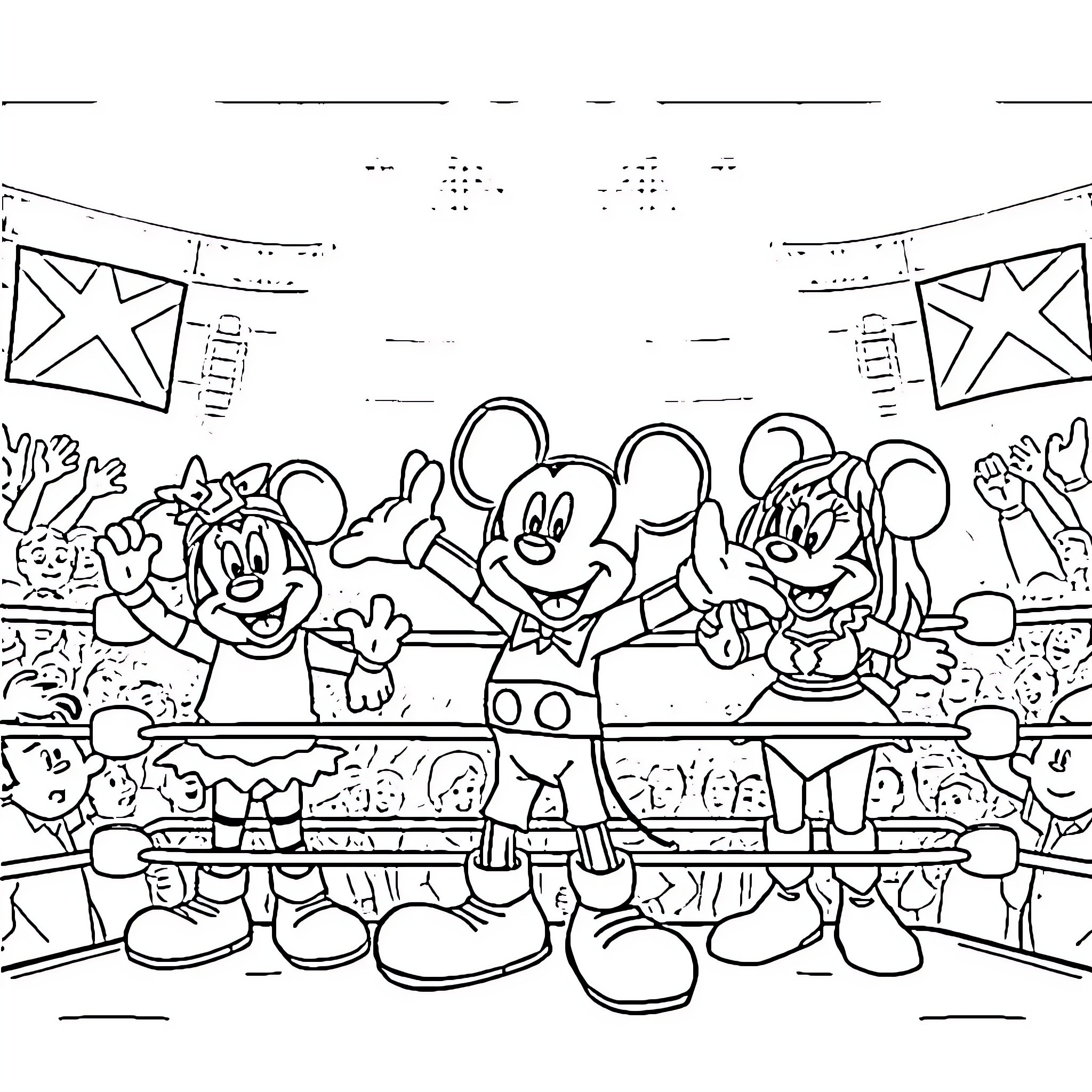Mickey and friends waving at the crowd in an arena Coloring Page (free black-and-white line drawing printable PDF for all, from beginners to advanced learners, including children, teens, adults, and seniors)
