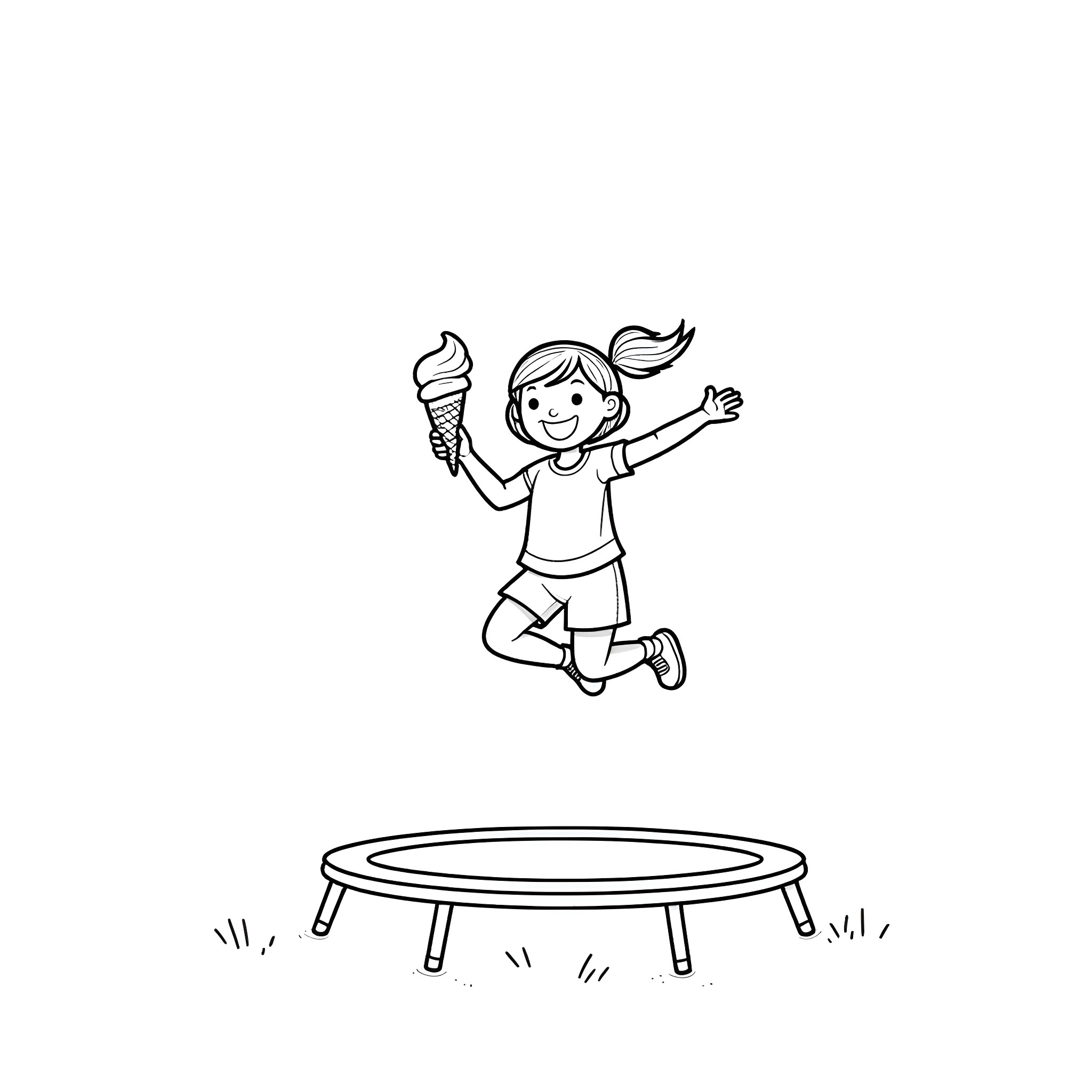 Girl enjoying ice cream while jumping on a trampoline Coloring Page (free black-and-white line drawing printable PDF for all, from beginners to advanced learners, including children, teens, adults, and seniors)