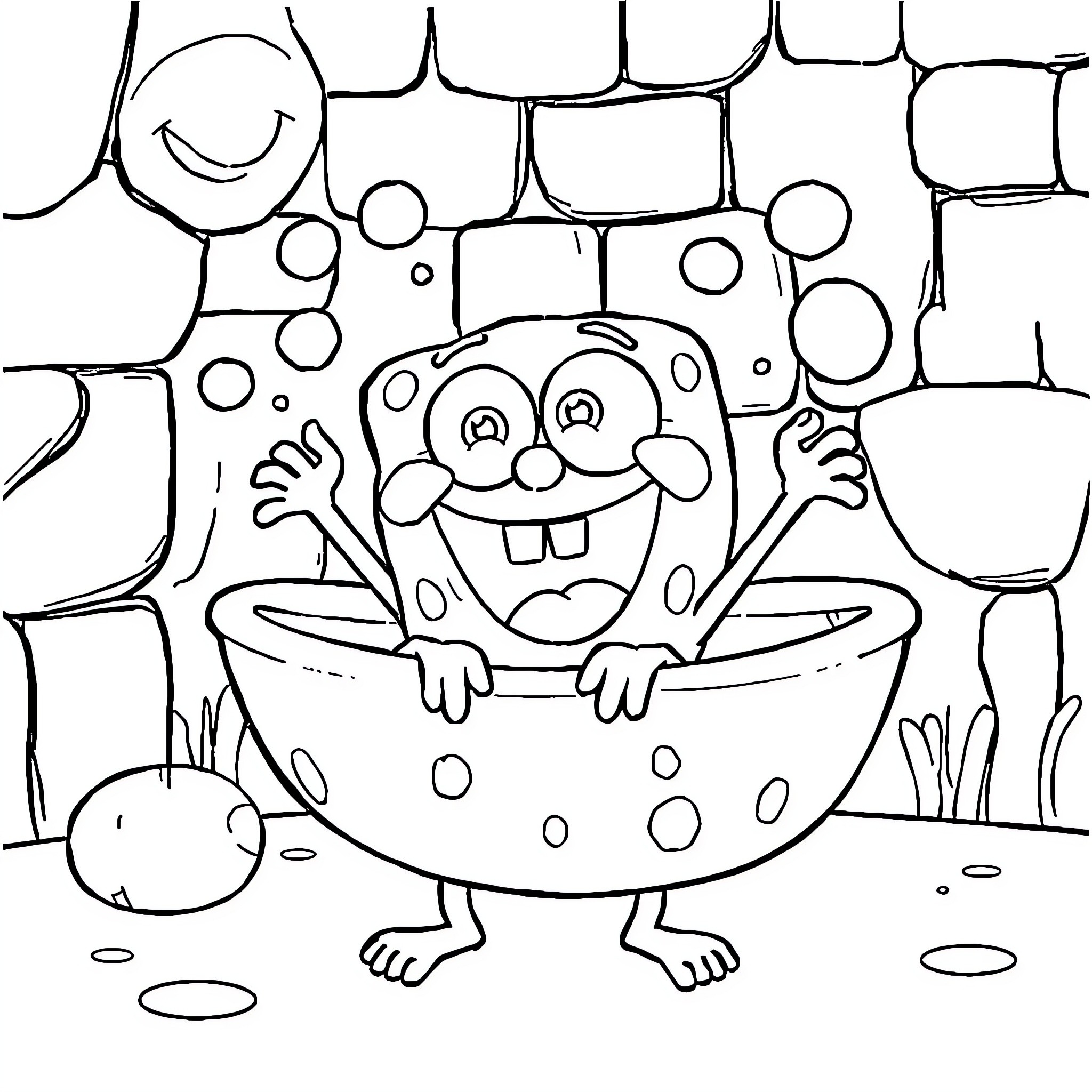 Spongebob taking a bubbly bath Coloring Page (free black-and-white line drawing printable PDF for all, from beginners to advanced learners, including children, teens, adults, and seniors)