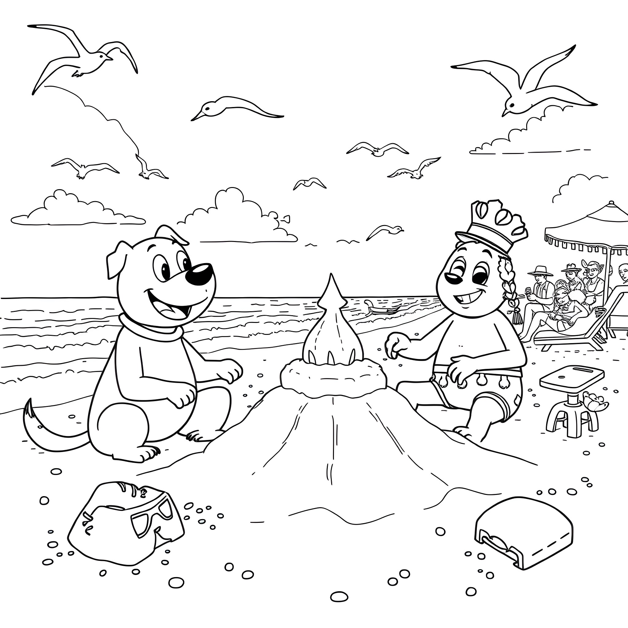 Dogman playing at the beach with friends Coloring Page (free black-and-white line drawing printable PDF for all, from beginners to advanced learners, including children, teens, adults, and seniors)