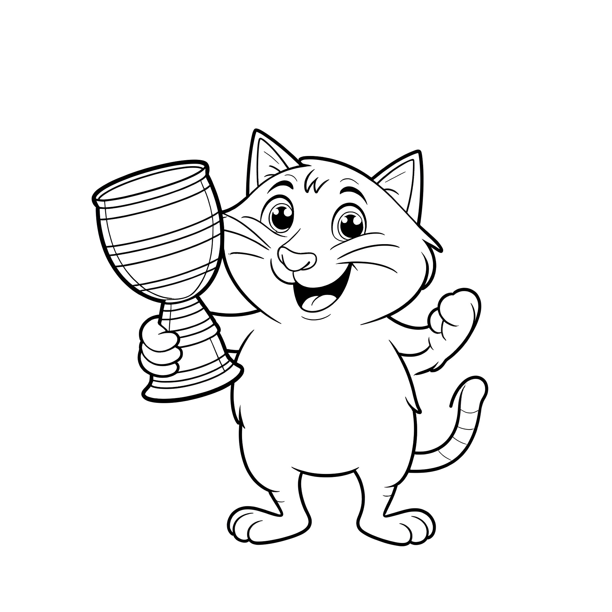 Pete the Cat celebrating with a trophy Coloring Page (free black-and-white line drawing printable PDF for all, from beginners to advanced learners, including children, teens, adults, and seniors)
