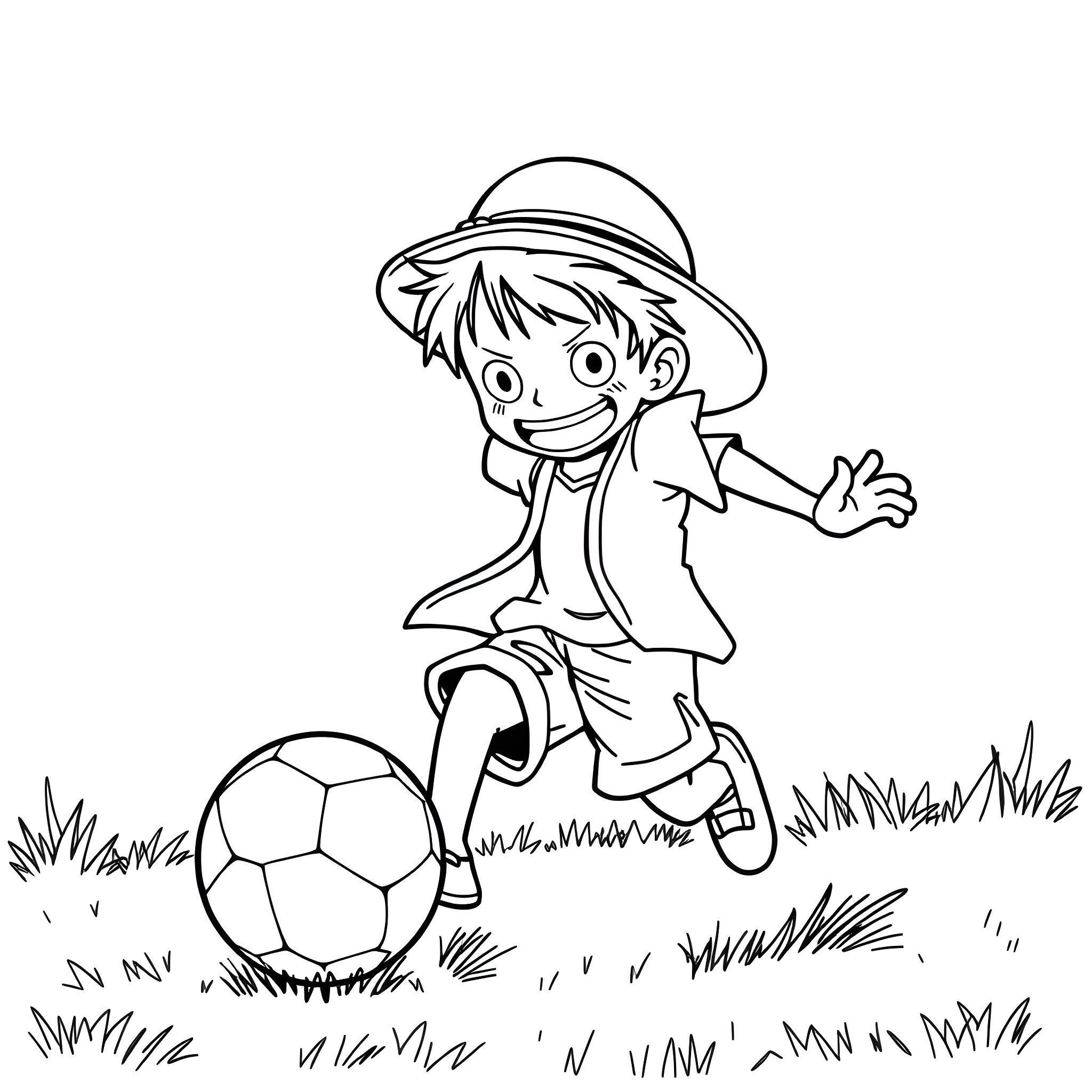 One Piece Character Playing Soccer in the Grass Coloring Page (free black-and-white line drawing printable PDF for all, from beginners to advanced learners, including children, teens, adults, and seniors)