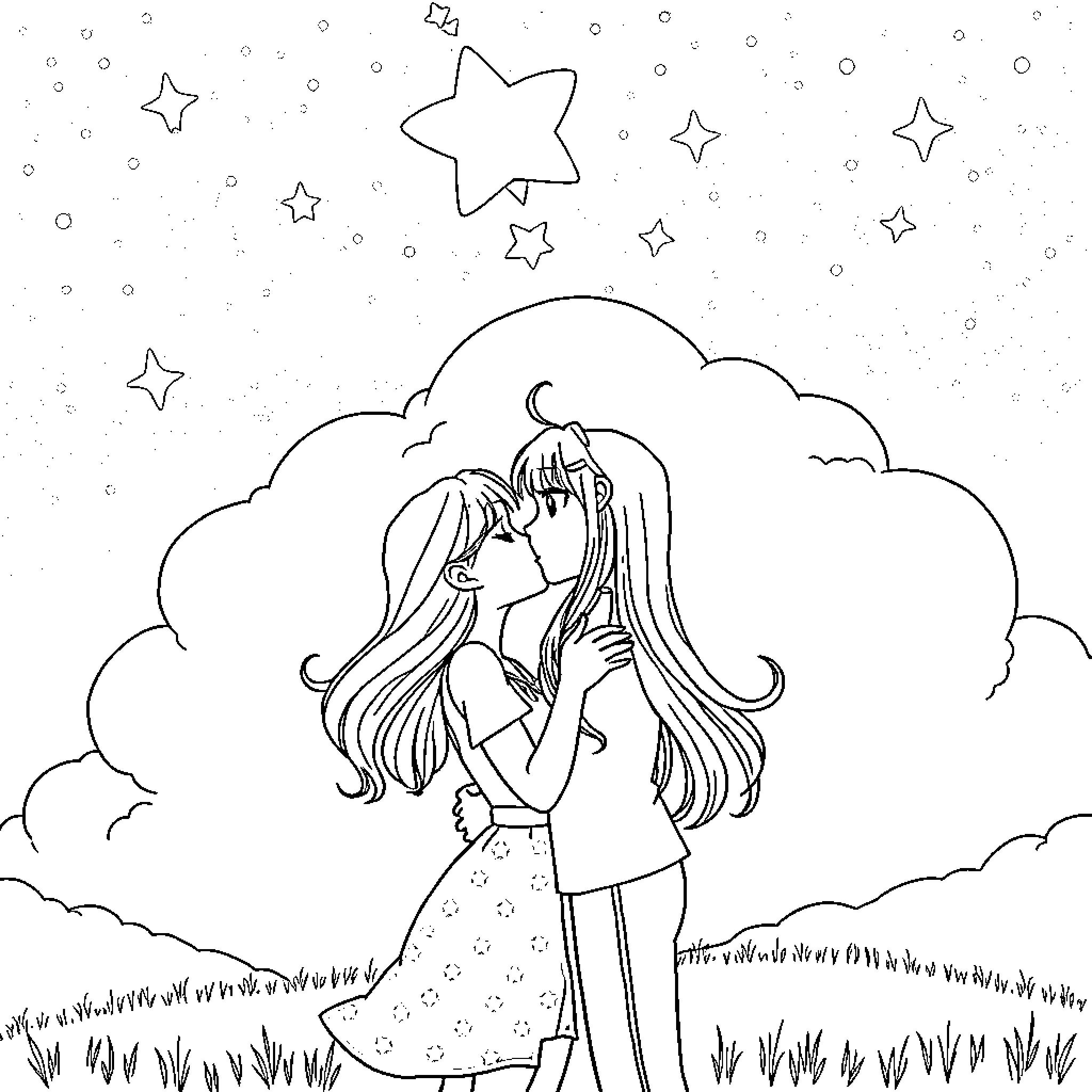 Tifa embracing under the starry night sky Coloring Page (free black-and-white line drawing printable PDF for all, from beginners to advanced learners, including children, teens, adults, and seniors)