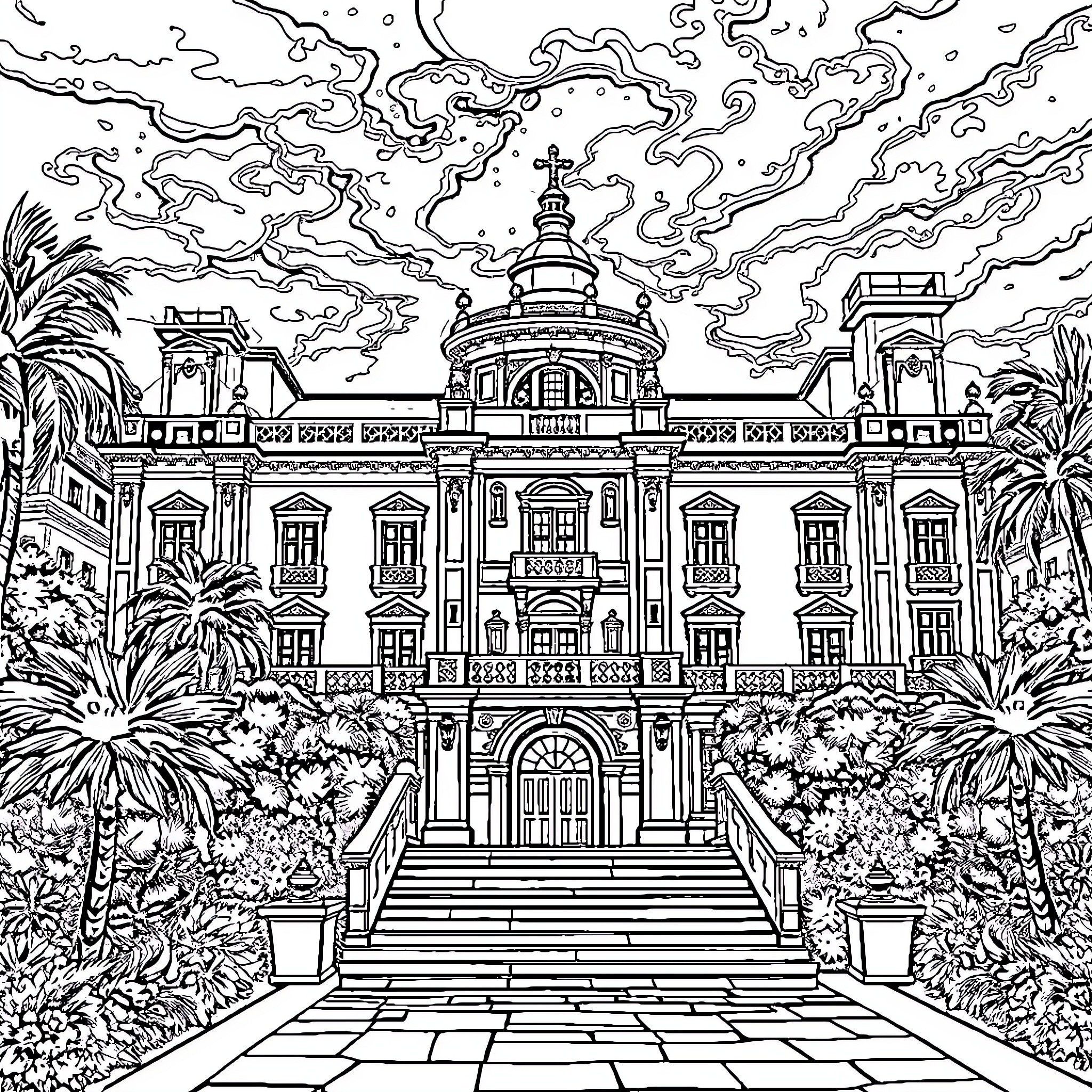 Palacio de Nariño: Elaborate Presidential Palace Amidst Lush Surroundings Coloring Page (free black-and-white line drawing printable PDF for all, from beginners to advanced learners, including children, teens, adults, and seniors)