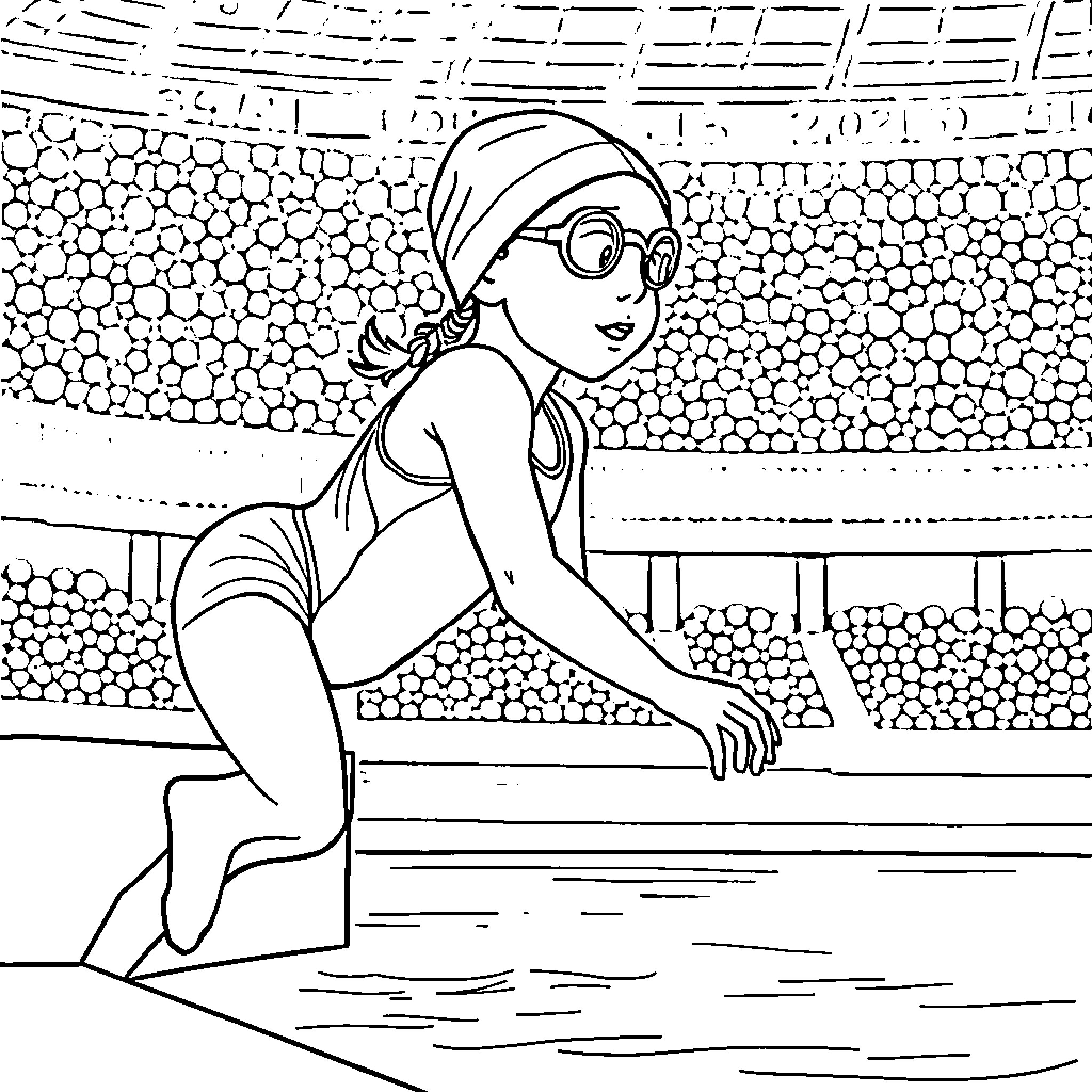 Swimmer in swimming pool with goggles Coloring Page (free black-and-white line drawing printable PDF for all, from beginners to advanced learners, including children, teens, adults, and seniors)