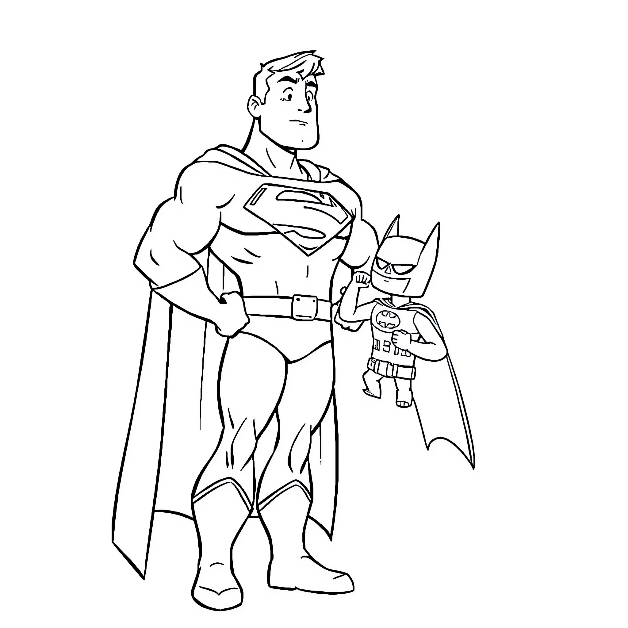 Superman and Batman in heroic stance Coloring Page (free black-and-white line drawing printable PDF for all, from beginners to advanced learners, including children, teens, adults, and seniors)