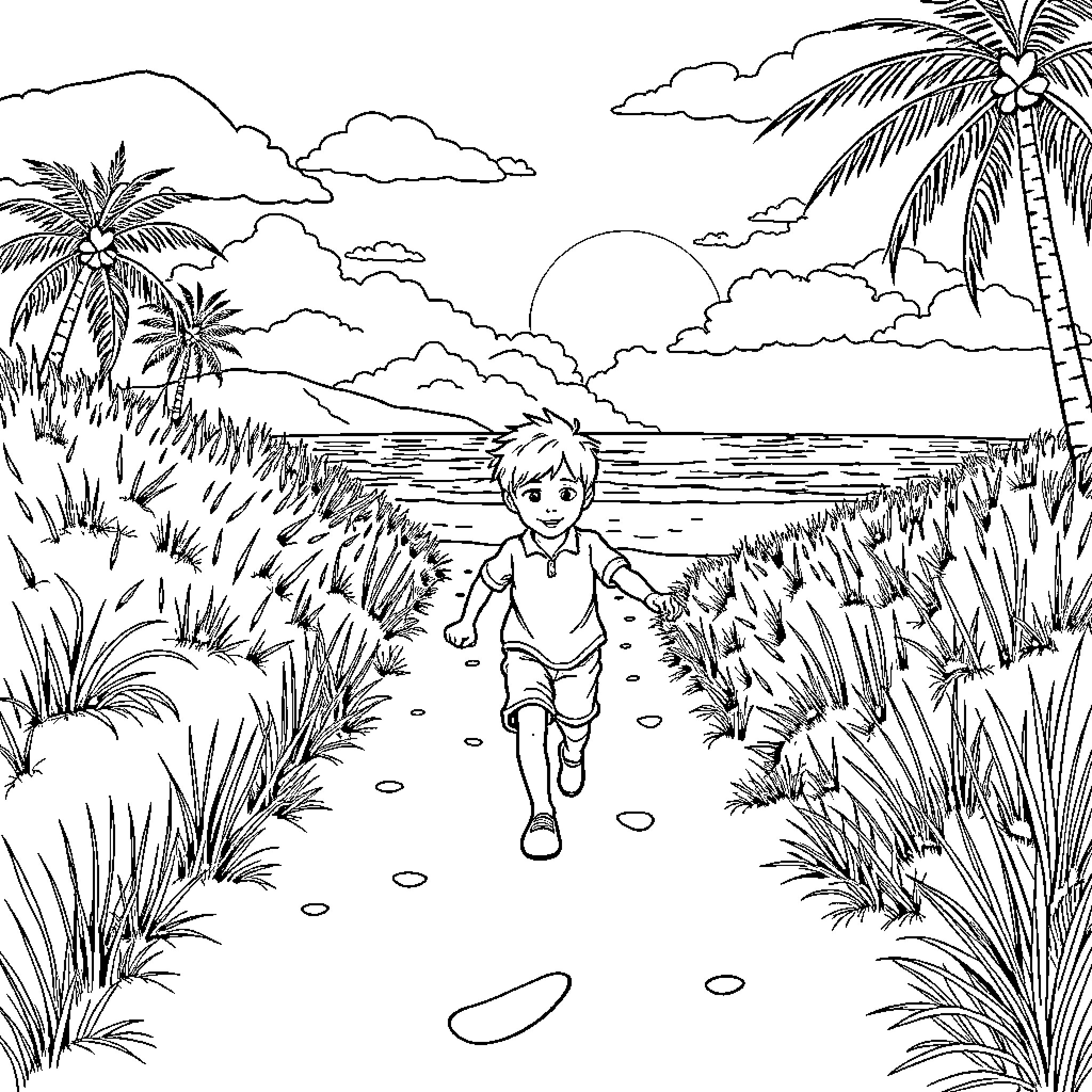 Boy exploring tropical beach with palm trees Coloring Page (free black-and-white line drawing printable PDF for all, from beginners to advanced learners, including children, teens, adults, and seniors)