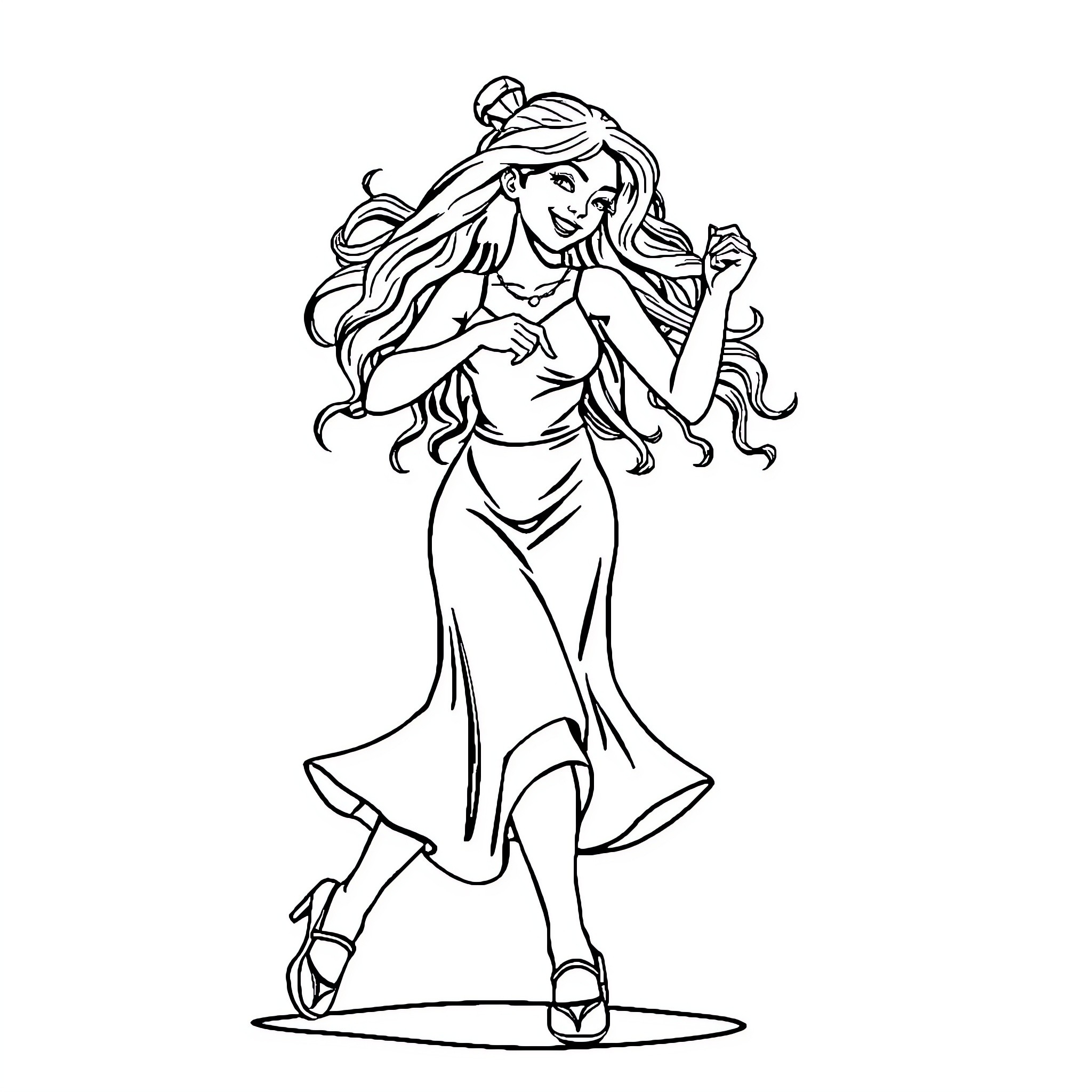 Chica Gracefully Posing in Elegant Attire Coloring Page (free black-and-white line drawing printable PDF for all, from beginners to advanced learners, including children, teens, adults, and seniors)