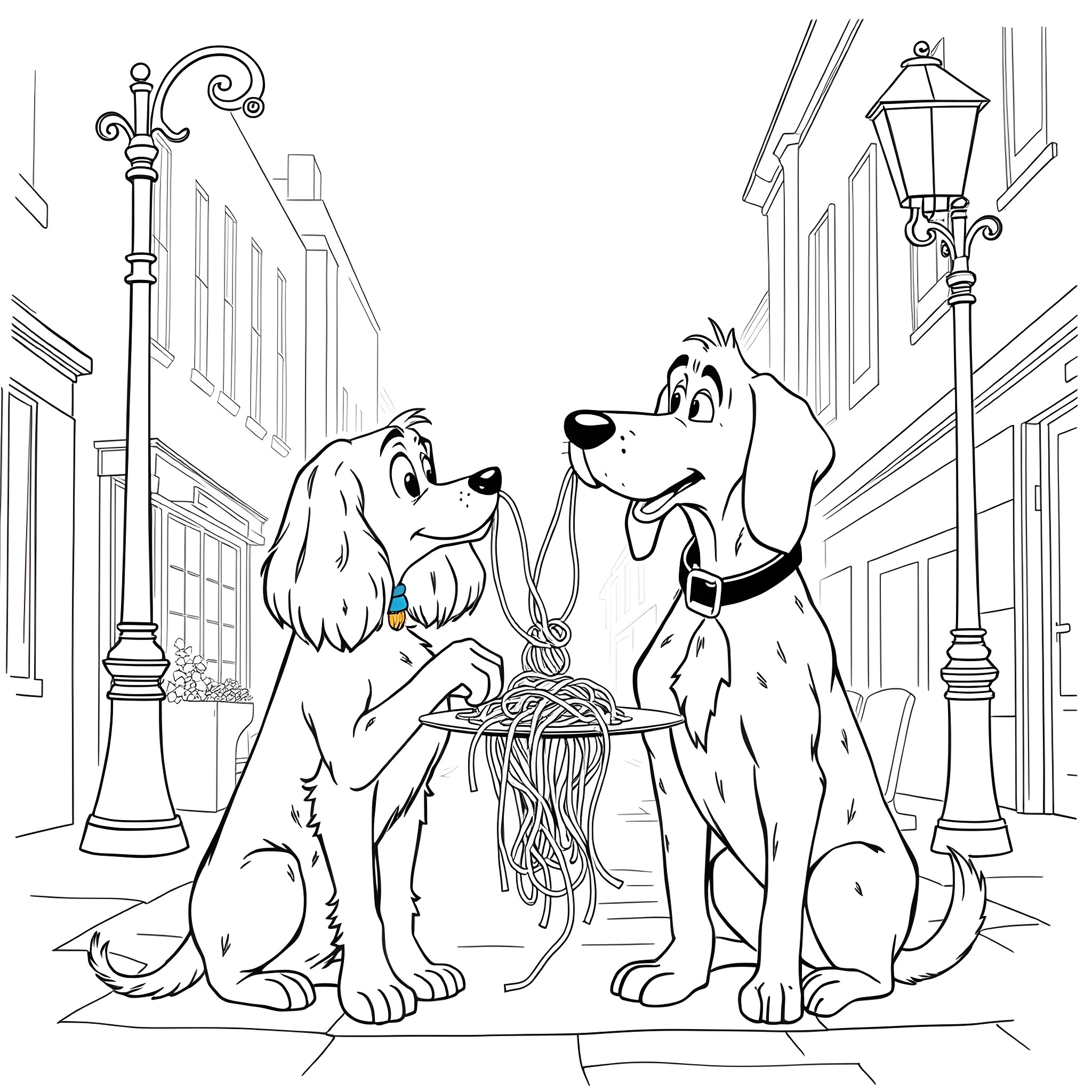 Lady And The Tramp Sharing Spaghetti In Romantic Street Scene Coloring Page (free black-and-white line drawing printable PDF for all, from beginners to advanced learners, including children, teens, adults, and seniors)