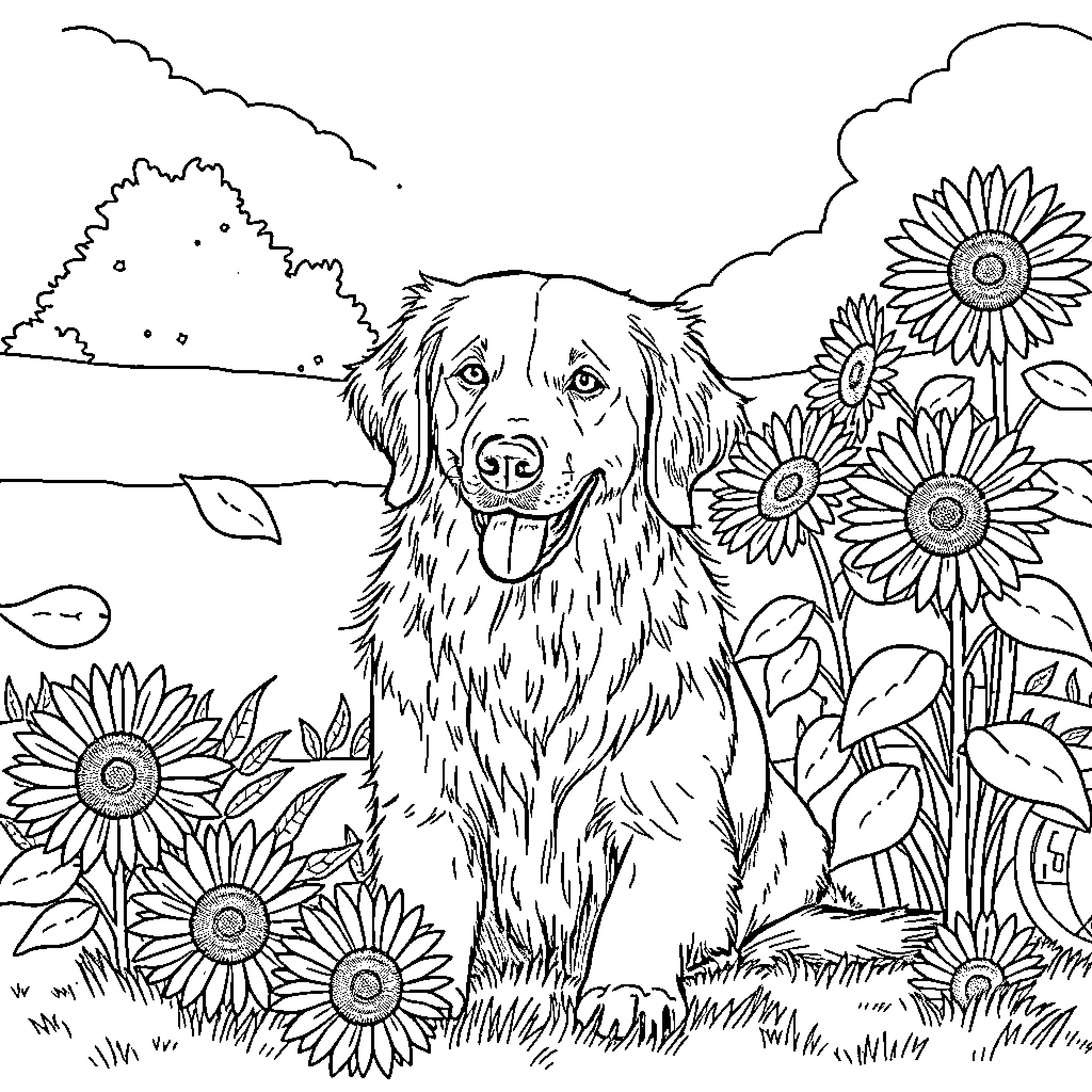 Golden Retriever enjoying flowers in nature Coloring Page (free black-and-white line drawing printable PDF for all, from beginners to advanced learners, including children, teens, adults, and seniors)