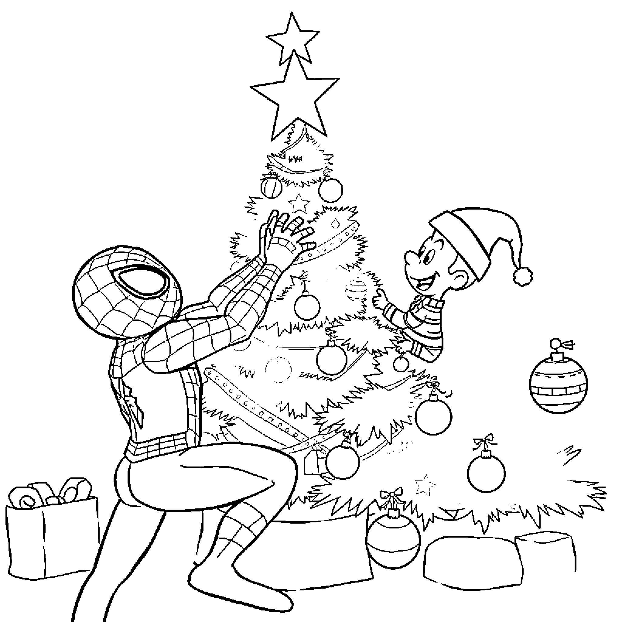Spiderman decorating Christmas tree with elf helper Coloring Page (free black-and-white line drawing printable PDF for all, from beginners to advanced learners, including children, teens, adults, and seniors)