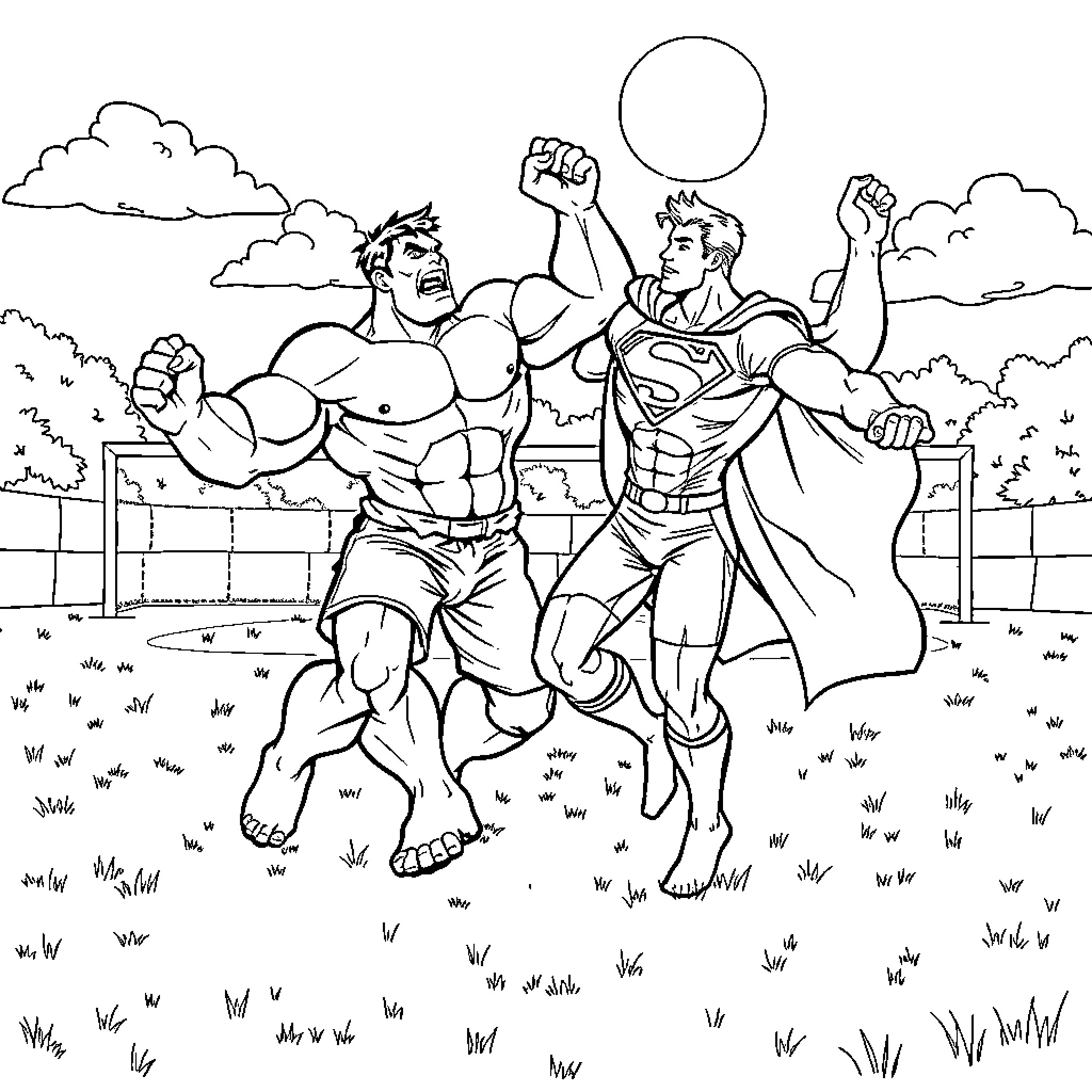 Hulk and Superman battle heroically in the countryside Coloring Page (free black-and-white line drawing printable PDF for all, from beginners to advanced learners, including children, teens, adults, and seniors)