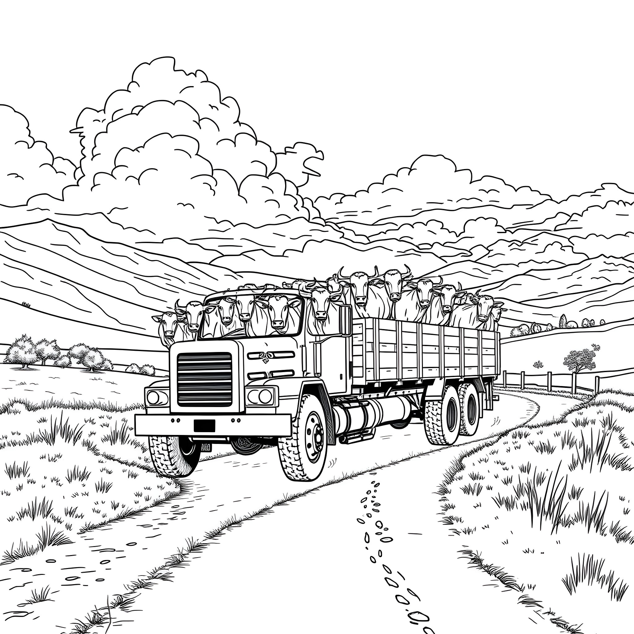 Cattle Hauler Transporting Livestock on Winding Rural Road Coloring Page (free black-and-white line drawing printable PDF for all, from beginners to advanced learners, including children, teens, adults, and seniors)