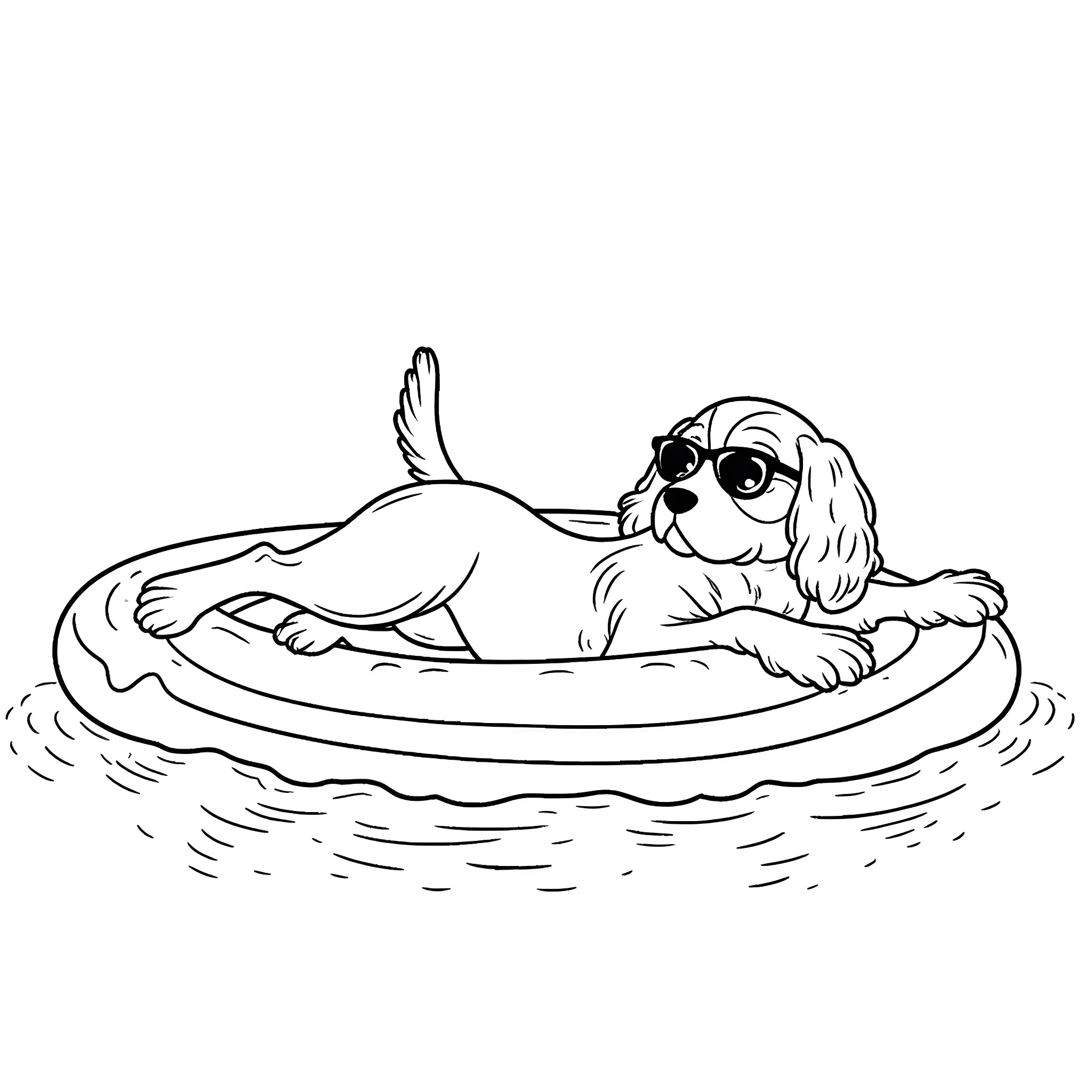 Cavalier dog relaxing in a paddling pool Coloring Page (free black-and-white line drawing printable PDF for all, from beginners to advanced learners, including children, teens, adults, and seniors)
