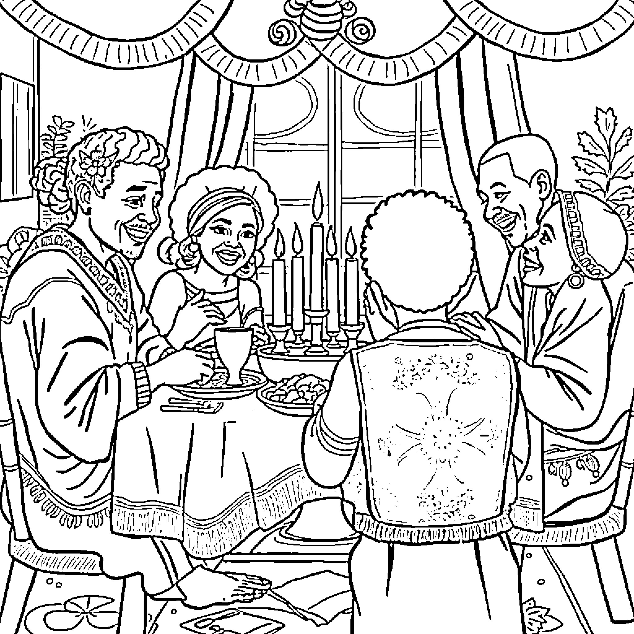 Kwanzaa Family Celebration with Festive Decor Coloring Page (free black-and-white line drawing printable PDF for all, from beginners to advanced learners, including children, teens, adults, and seniors)