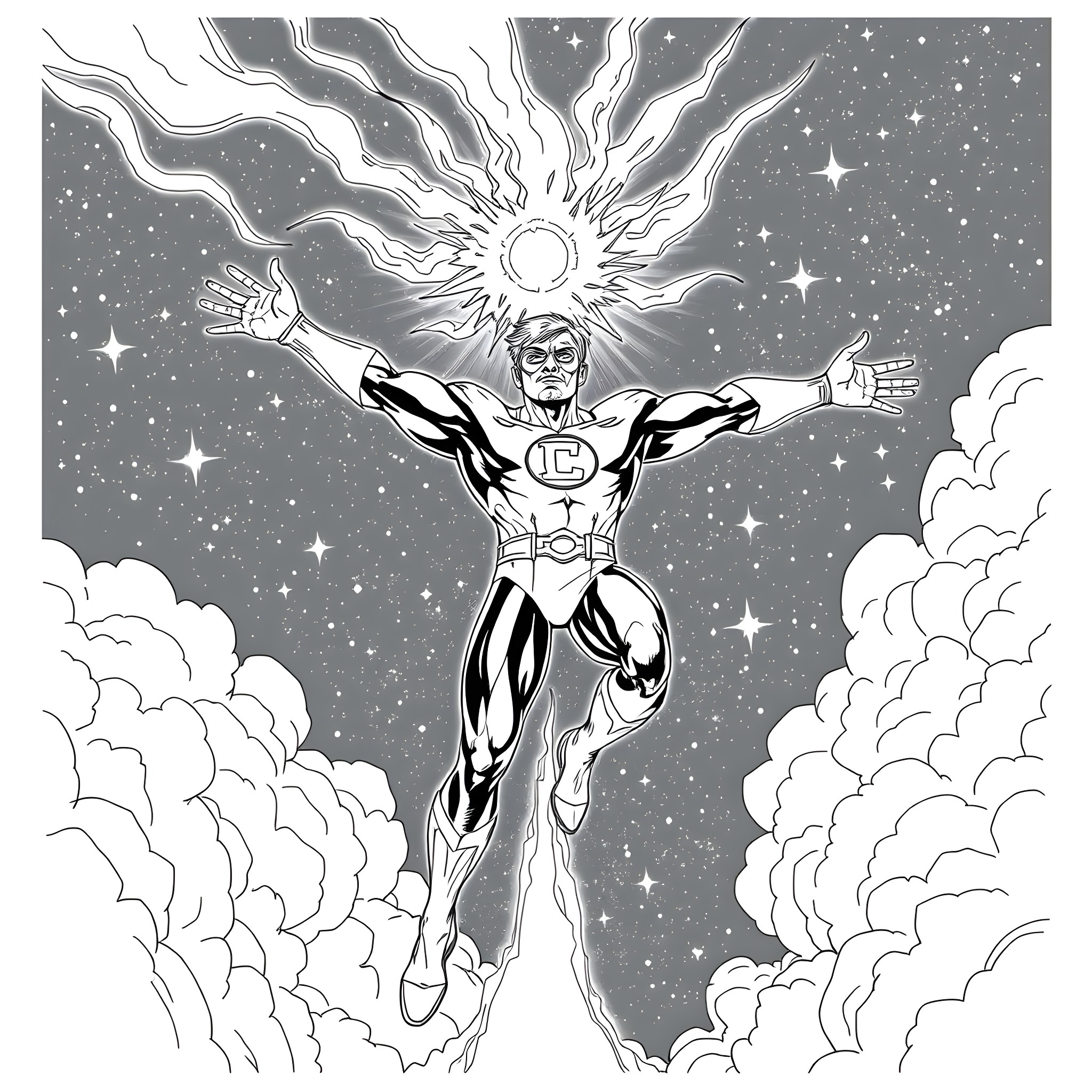 Human Lantern Flying Through Cosmic Space Coloring Page (free black-and-white line drawing printable PDF for all, from beginners to advanced learners, including children, teens, adults, and seniors)