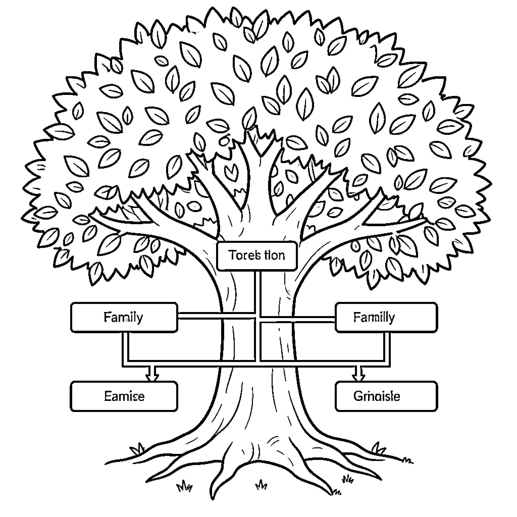 Family Tree with Diverse Families Coloring Page (free black-and-white line drawing printable PDF for all, from beginners to advanced learners, including children, teens, adults, and seniors)