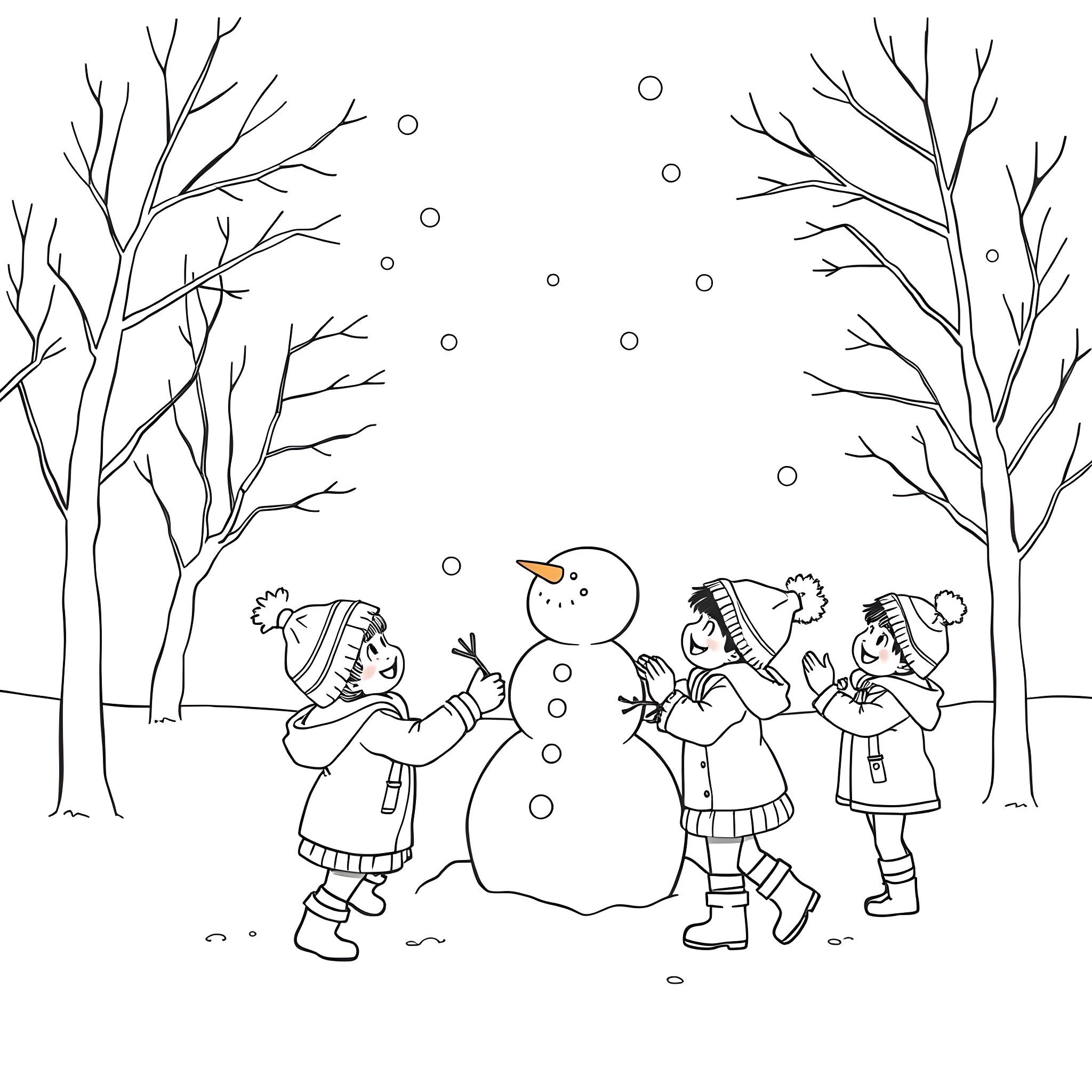 Child playing with friends in the winter wonderland Coloring Page (free black-and-white line drawing printable PDF for all, from beginners to advanced learners, including children, teens, adults, and seniors)