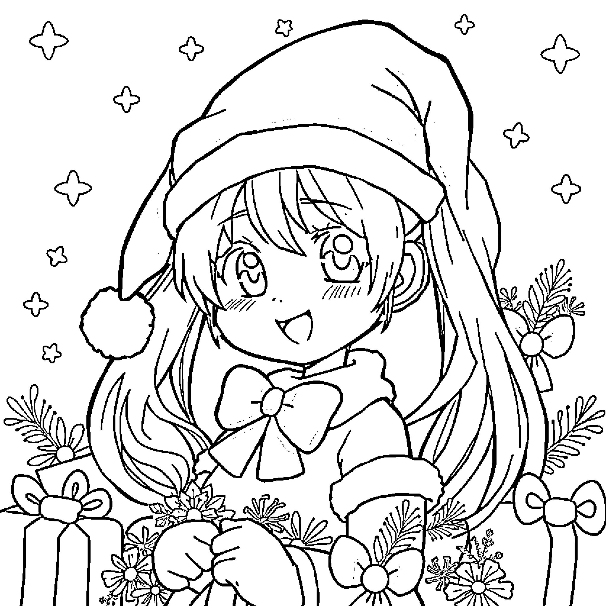 Miku in a festive holiday outfit surrounded by flowers Coloring Page (free black-and-white line drawing printable PDF for all, from beginners to advanced learners, including children, teens, adults, and seniors)