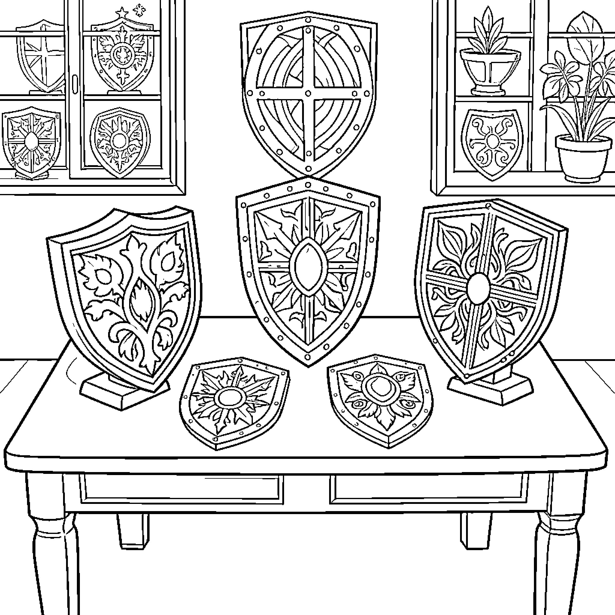 Shield Designs and Decorative Elements Coloring Page (free black-and-white line drawing printable PDF for all, from beginners to advanced learners, including children, teens, adults, and seniors)
