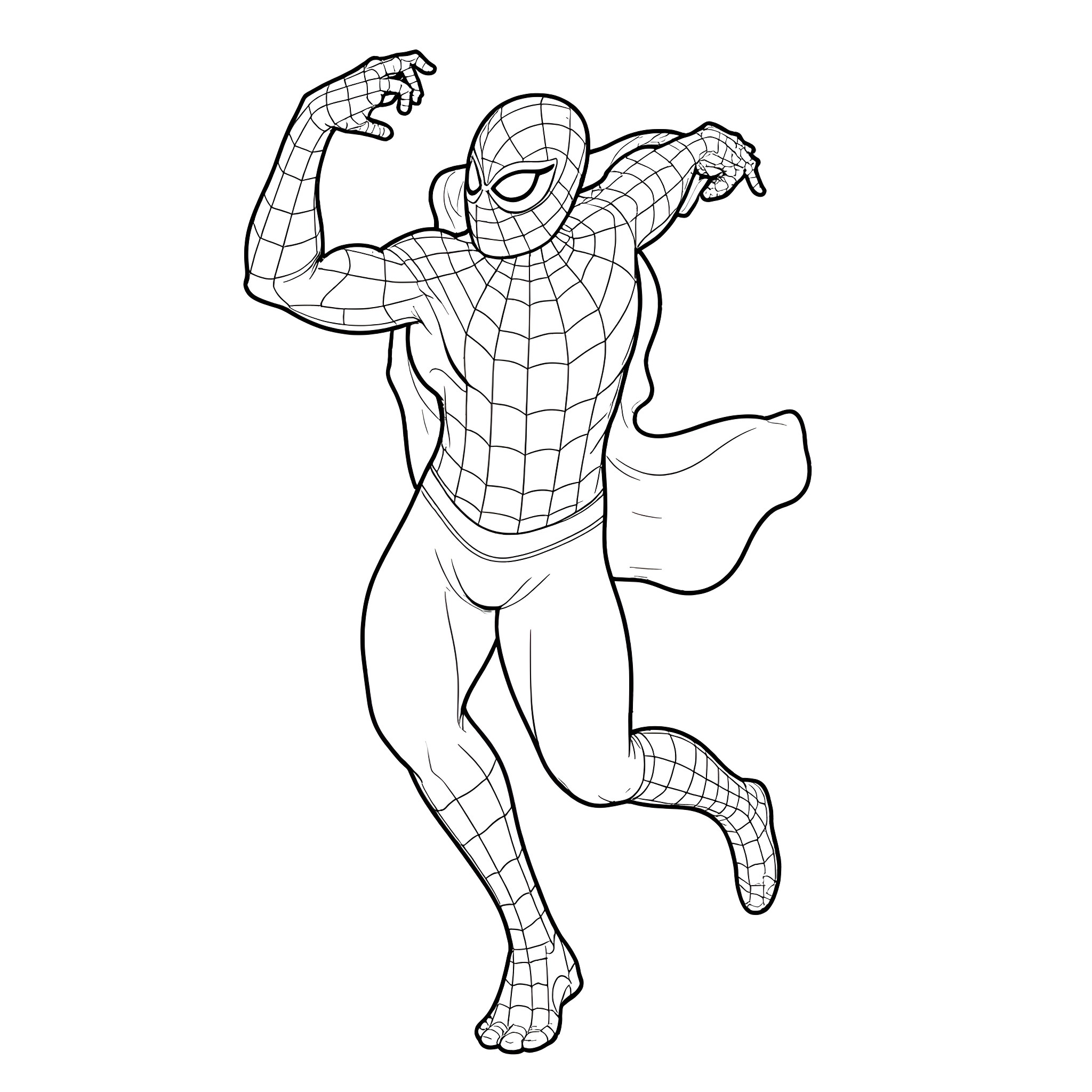 Spiderman in action pose Coloring Page (free black-and-white line drawing printable PDF for all, from beginners to advanced learners, including children, teens, adults, and seniors)
