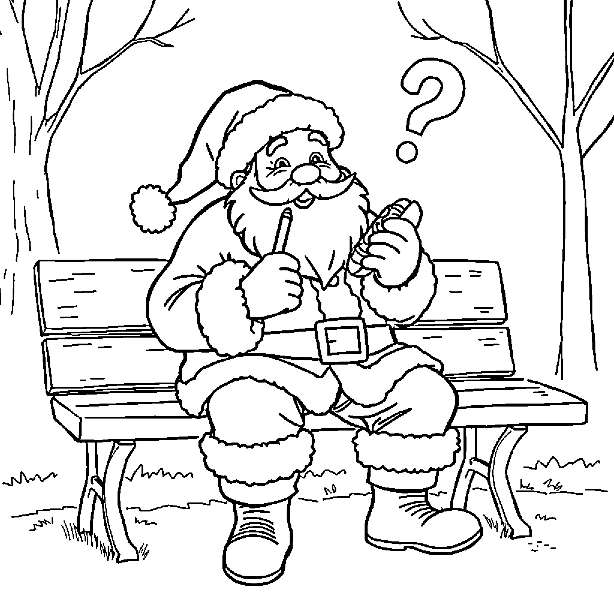 Santa pondering a question on a park bench Coloring Page (free black-and-white line drawing printable PDF for all, from beginners to advanced learners, including children, teens, adults, and seniors)