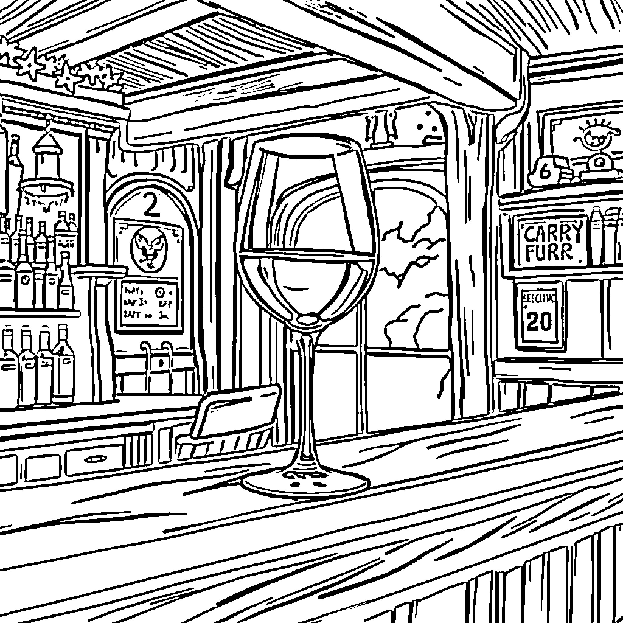 Wine Glass on Lively Bar Scene Coloring Page (free black-and-white line drawing printable PDF for all, from beginners to advanced learners, including children, teens, adults, and seniors)