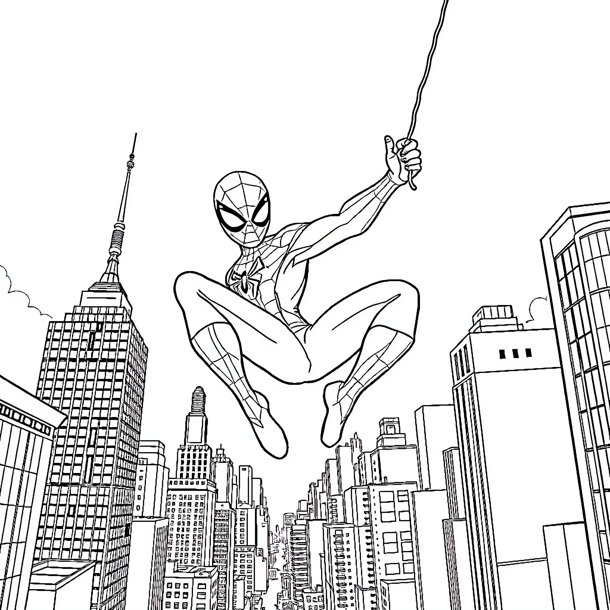 Spiderman swinging through the city skyline Coloring Page (free black-and-white line drawing printable PDF for all, from beginners to advanced learners, including children, teens, adults, and seniors)