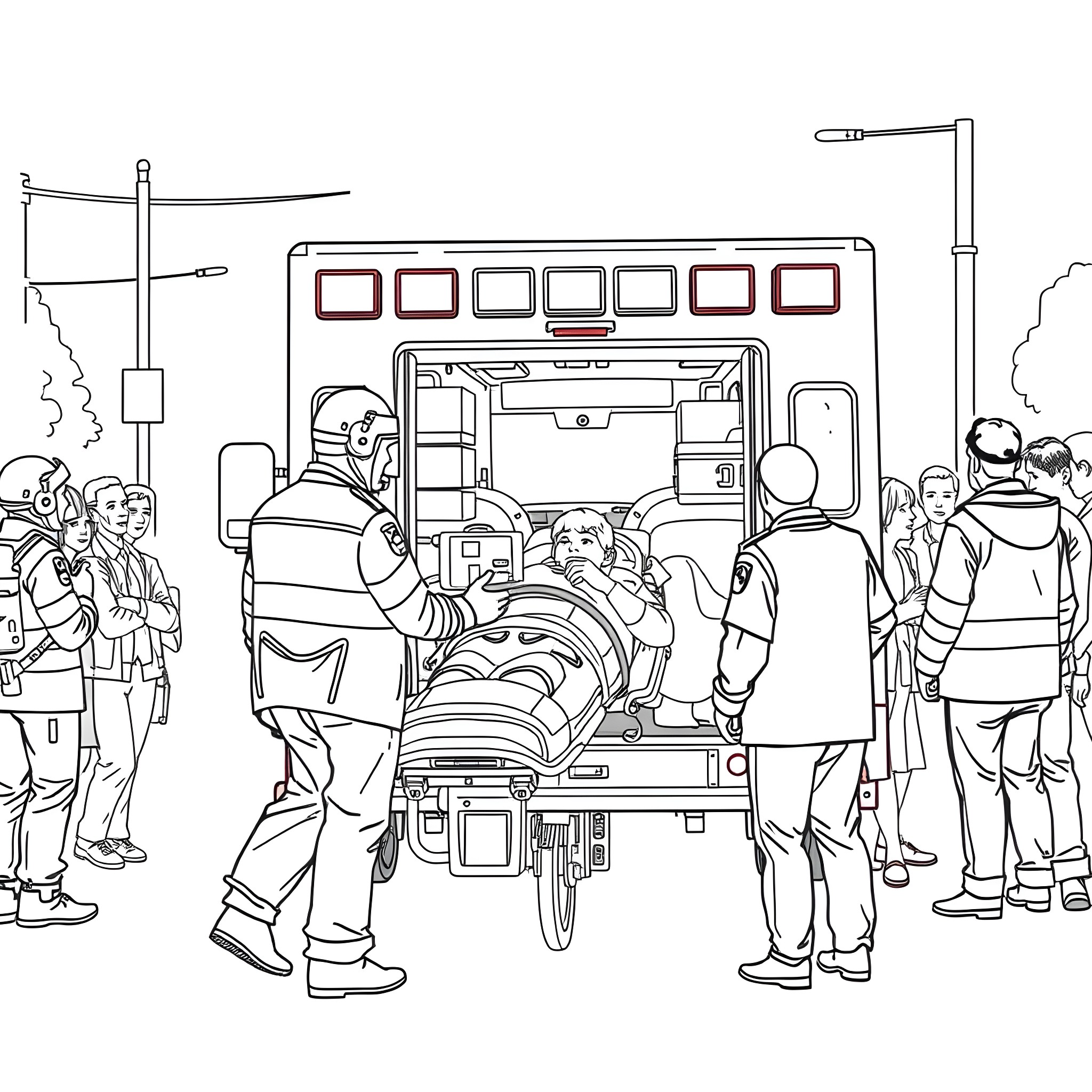 Paramedics Providing Emergency Care at the Scene Coloring Page (free black-and-white line drawing printable PDF for all, from beginners to advanced learners, including children, teens, adults, and seniors)