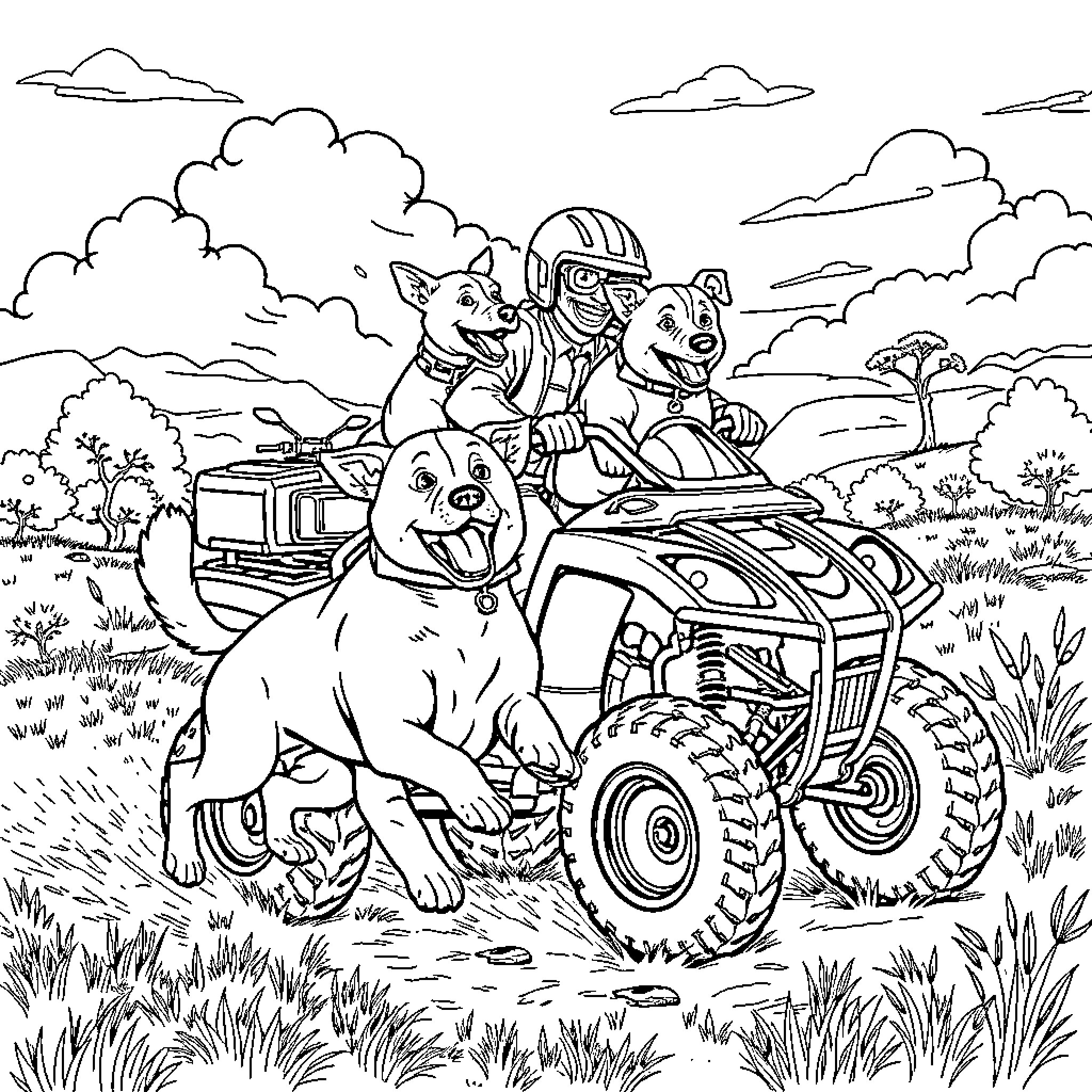 Dog Riding ATV in Outdoor Adventure Coloring Page (free black-and-white line drawing printable PDF for all, from beginners to advanced learners, including children, teens, adults, and seniors)