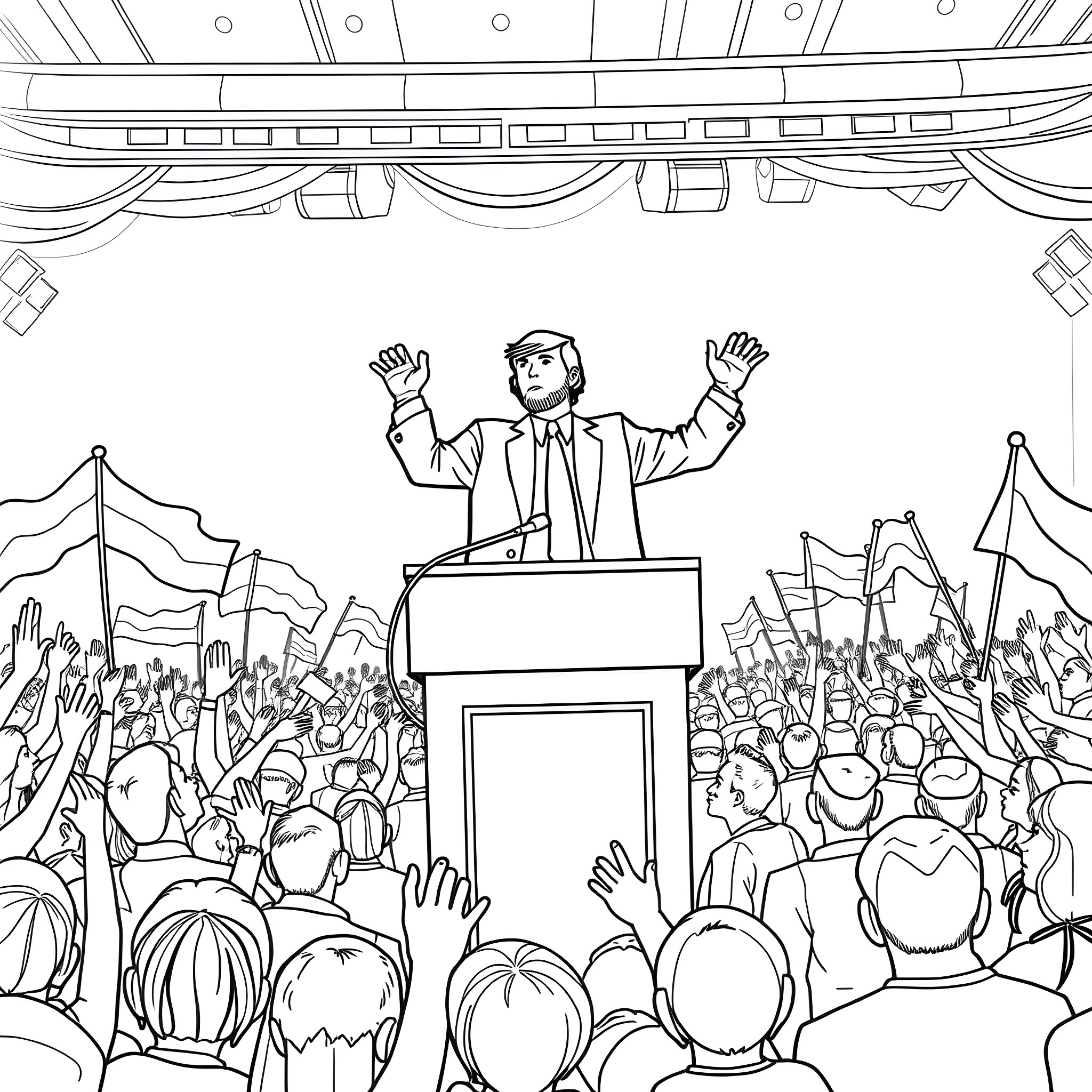 Trump's Energetic Rally with Enthusiastic Supporters Coloring Page (free black-and-white line drawing printable PDF for all, from beginners to advanced learners, including children, teens, adults, and seniors)