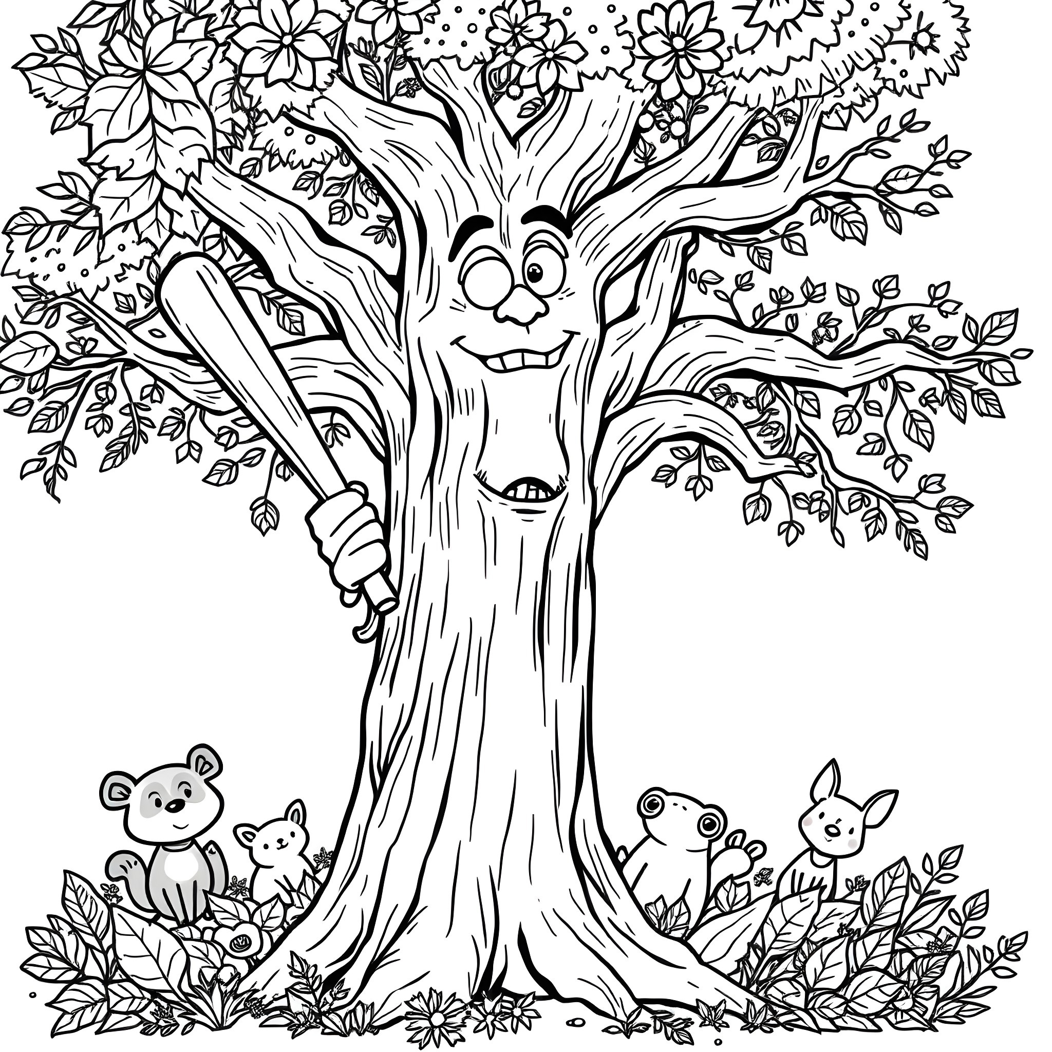 Wood Creatures Playing in the Forest Coloring Page (free black-and-white line drawing printable PDF for all, from beginners to advanced learners, including children, teens, adults, and seniors)