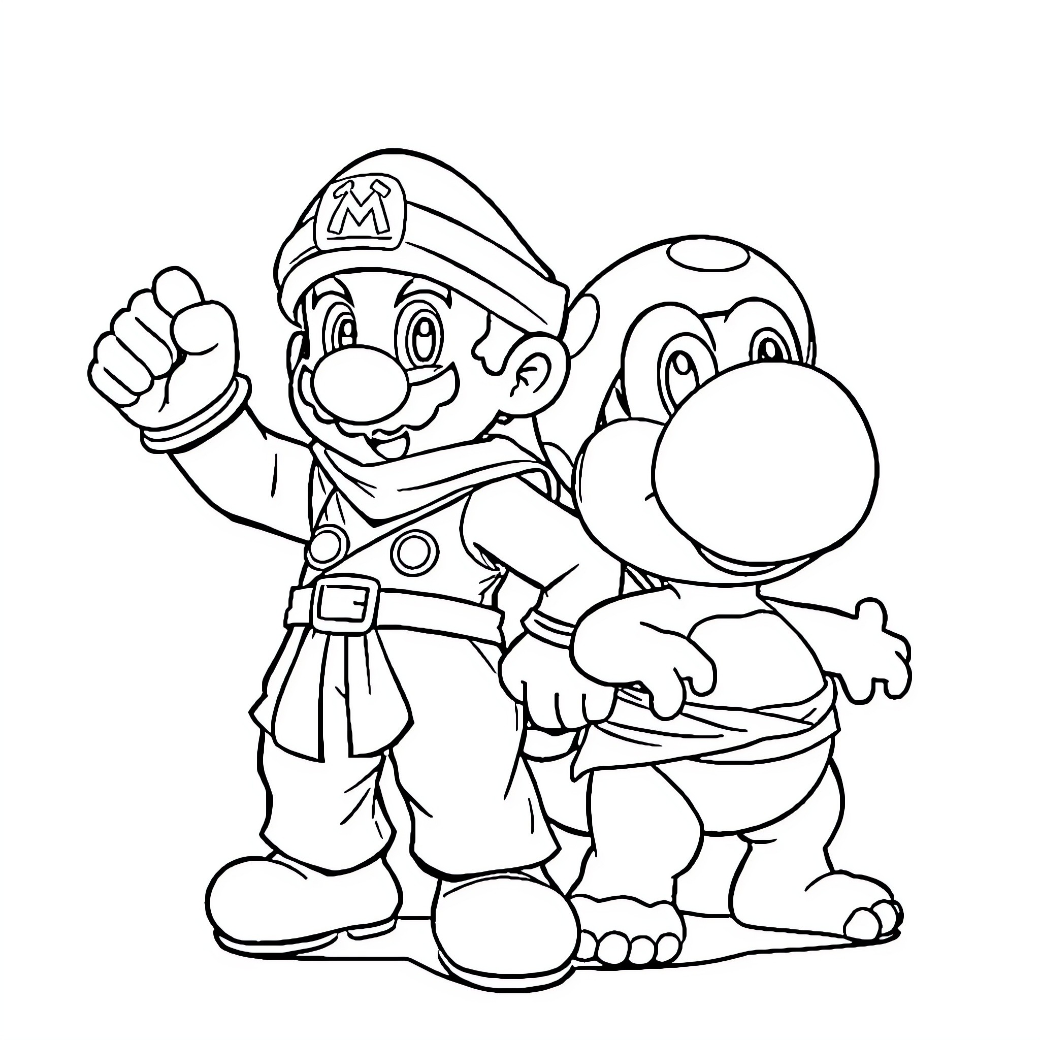 Mario and Yoshi on an adventure Coloring Page (free black-and-white line drawing printable PDF for all, from beginners to advanced learners, including children, teens, adults, and seniors)